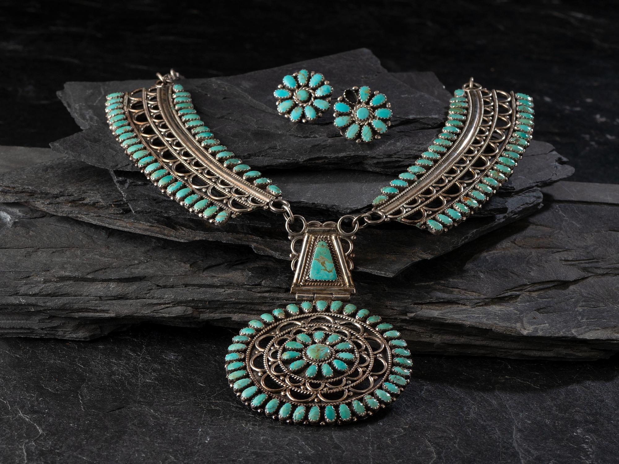 Sterling Silver and Petit Point Turquoise Cluster Necklace and Post Earrings