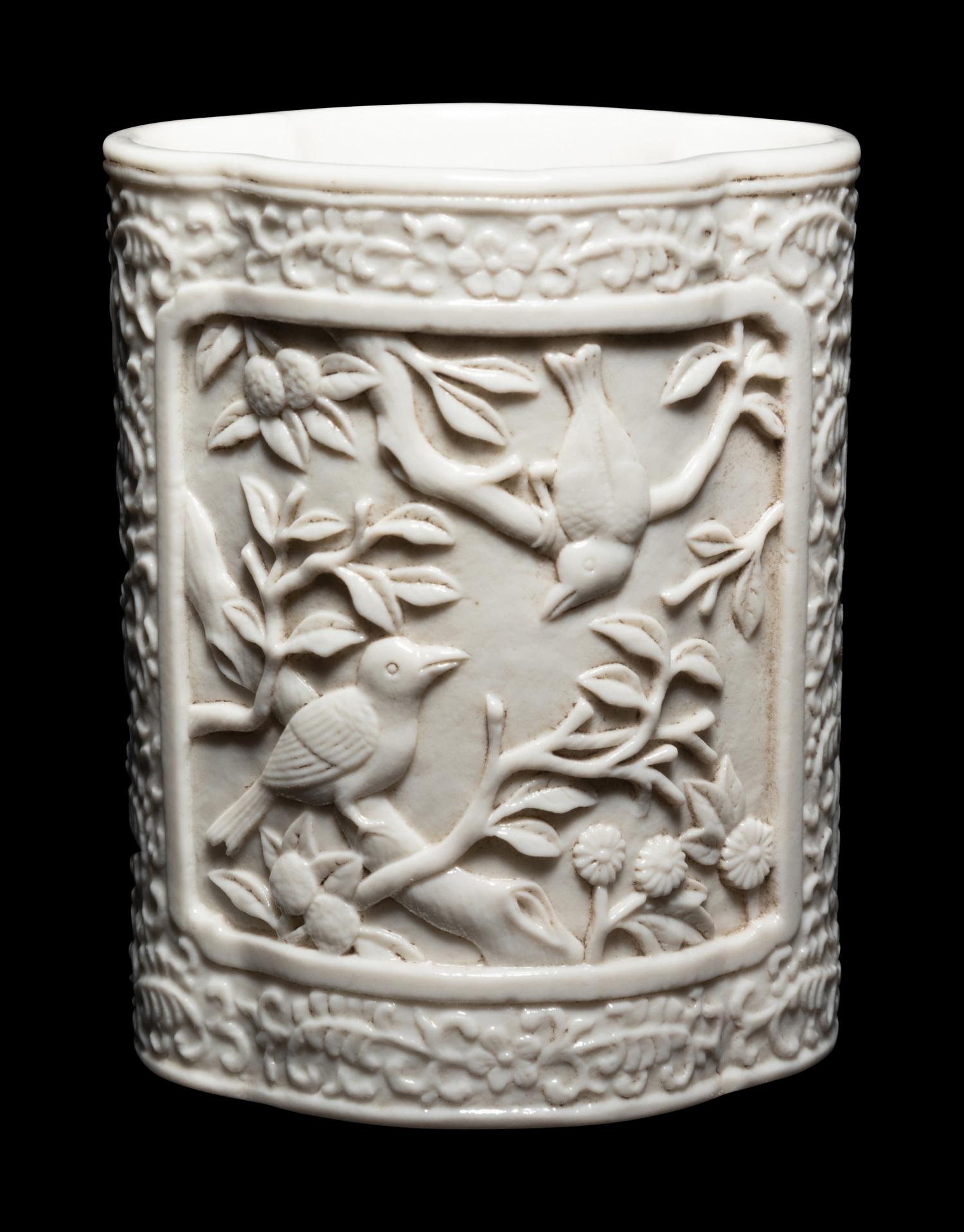 A Chinese Blanc-de-Chine Molded Porcelain Brushpot