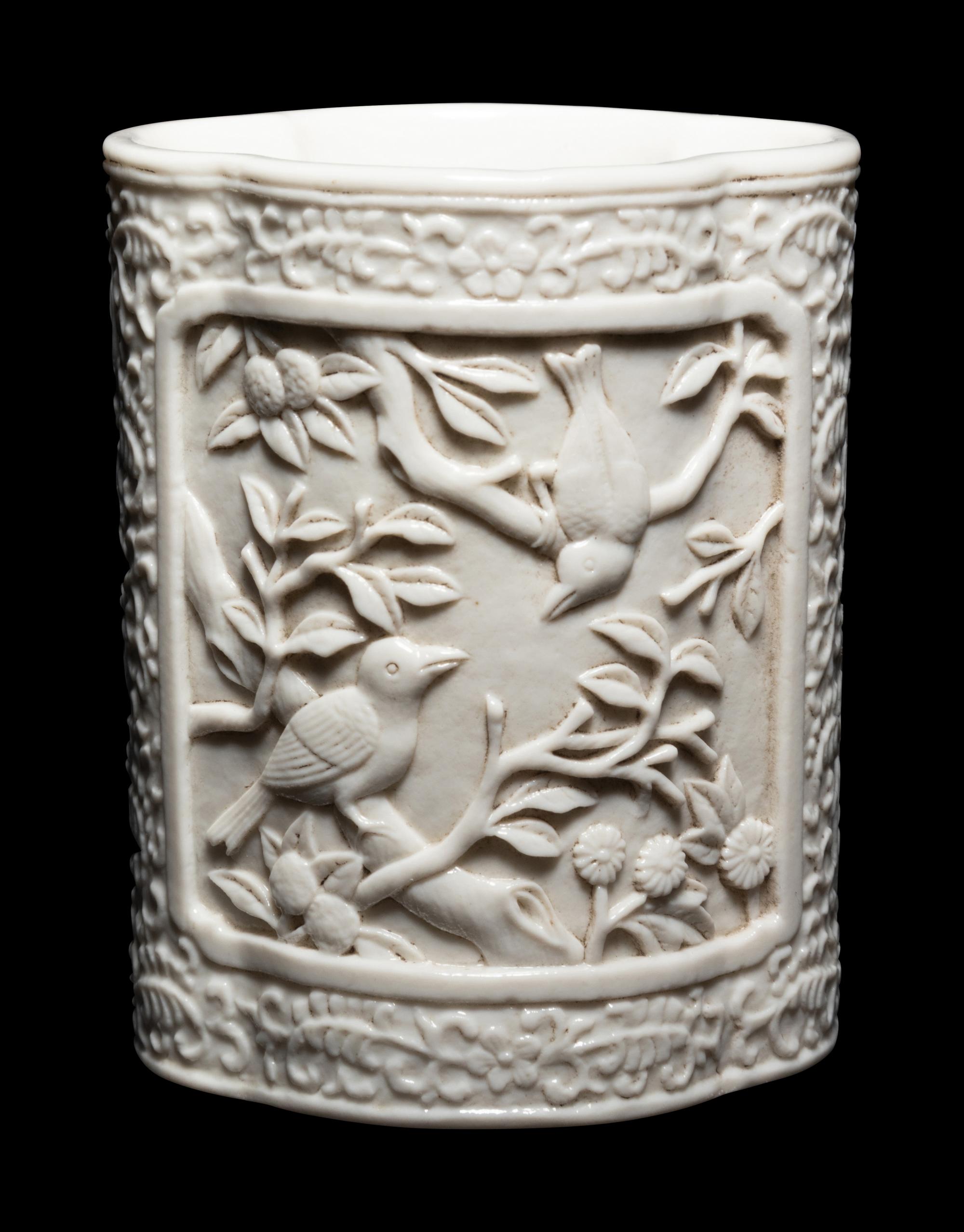 A Chinese Blanc-de-Chine Molded Porcelain Brushpot