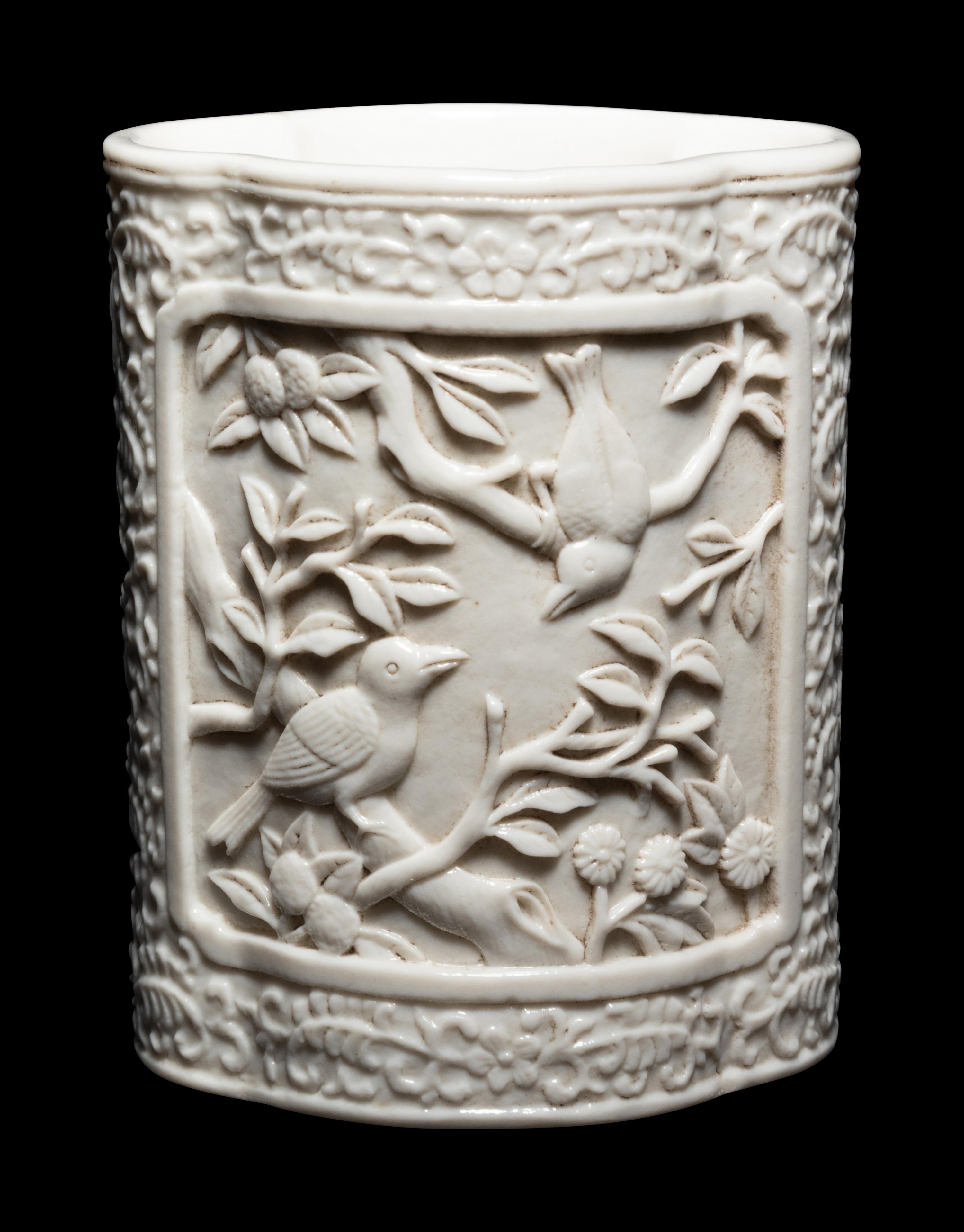 A Chinese Blanc-de-Chine Molded Porcelain Brushpot