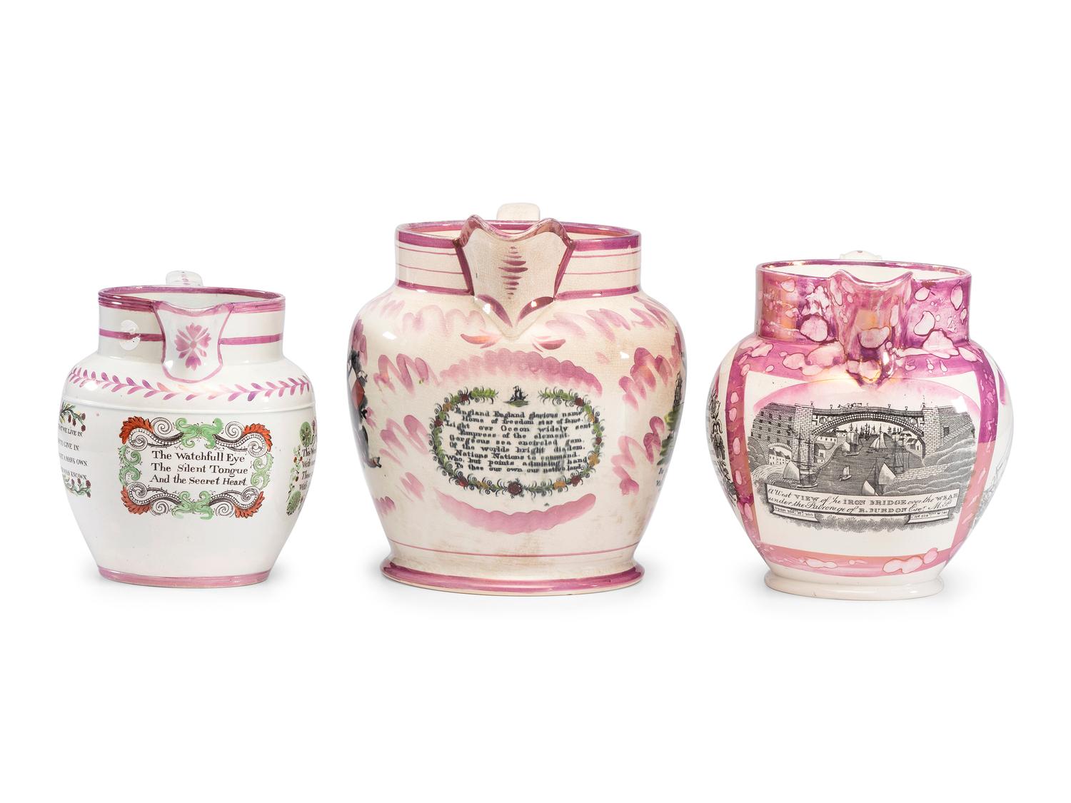 Three Pink Lusterware Pitchers