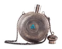 Heavily Stamped Sterling Silver Canteen, with a Morenci Turquoise Cabochon