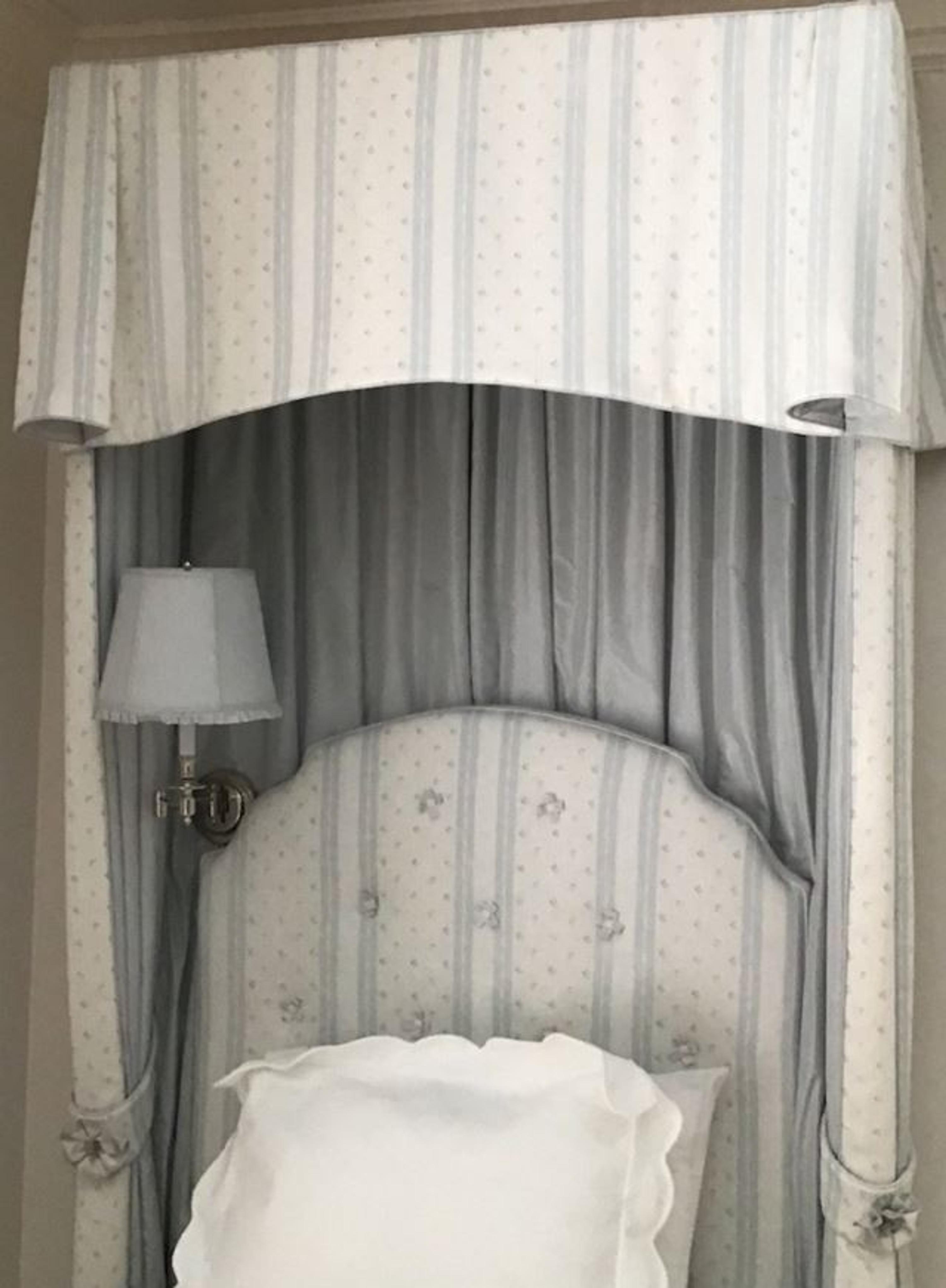 A Pair of Twin Upholstered Headboards with Matching Valances, Bedskirts and Curtain — 20TH/21ST CENTURY