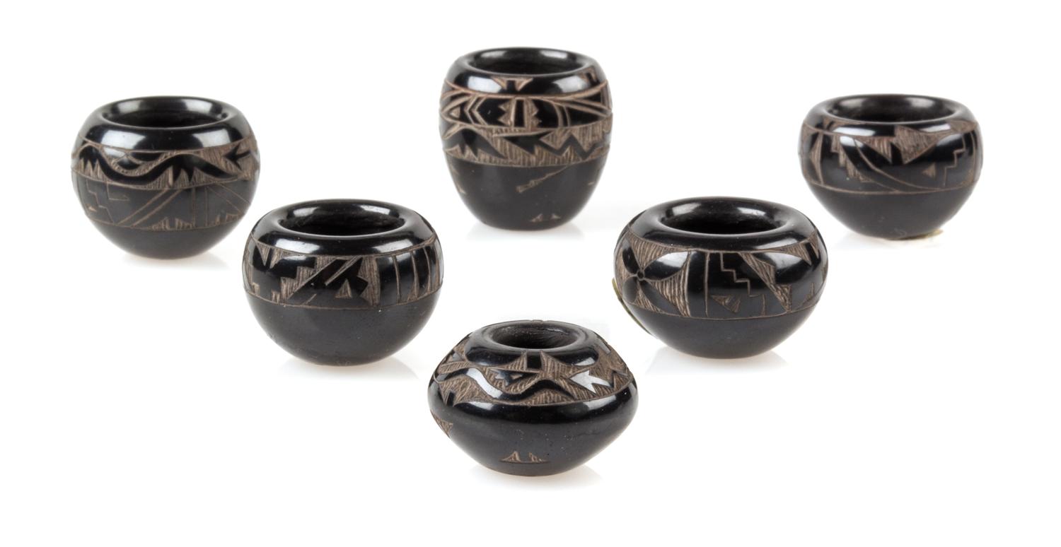 Six Santa Clara Blackware Pottery Jars Height of tallest 7/8 inch. — Monica Naranjo Romero (b. 1975)