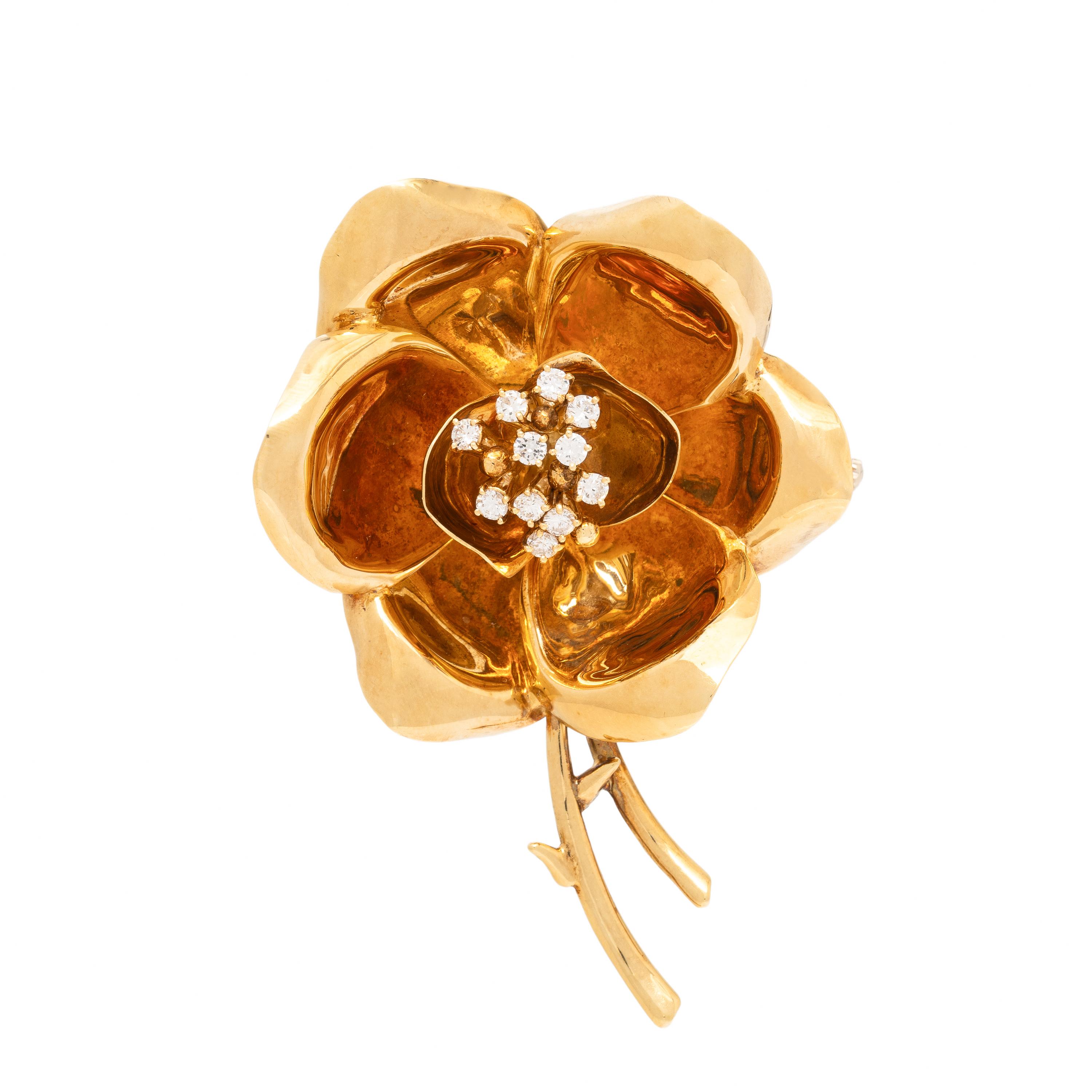 Yellow Gold and Diamond Flower Brooch