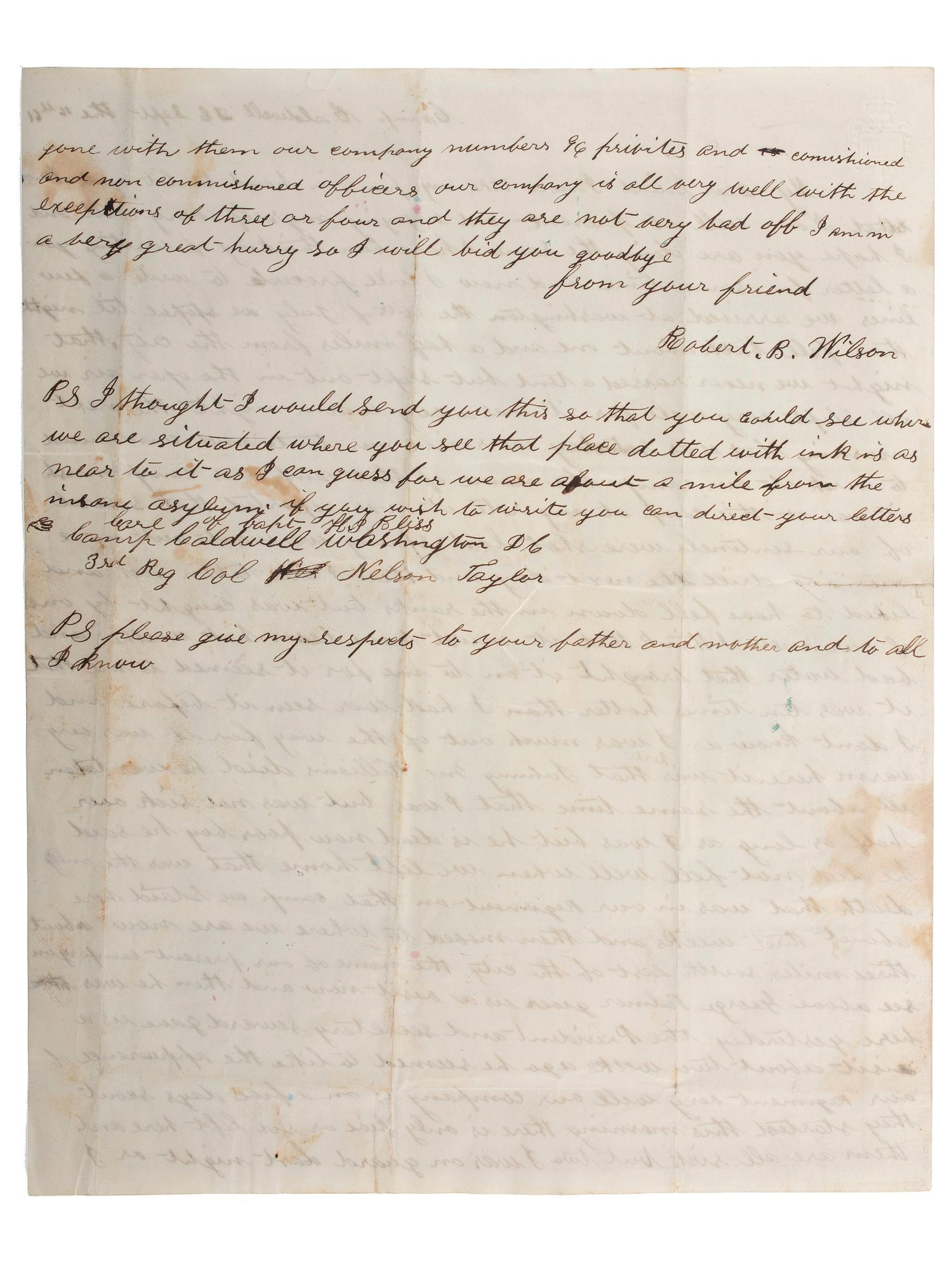 [CIVIL WAR] -- [MAPS]. Letter from Robert Wilson, 72 New York Volunteers, on letterhead featuring a "Topographical Map of Virginia between Washington and Manassas Junction."