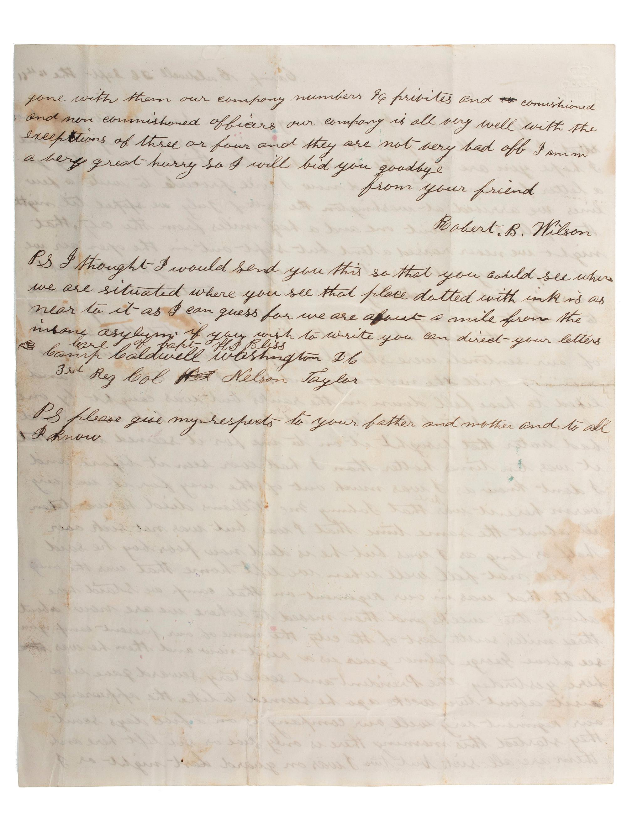 [CIVIL WAR] -- [MAPS]. Letter from Robert Wilson, 72 New York Volunteers, on letterhead featuring a "Topographical Map of Virginia between Washington and Manassas Junction."