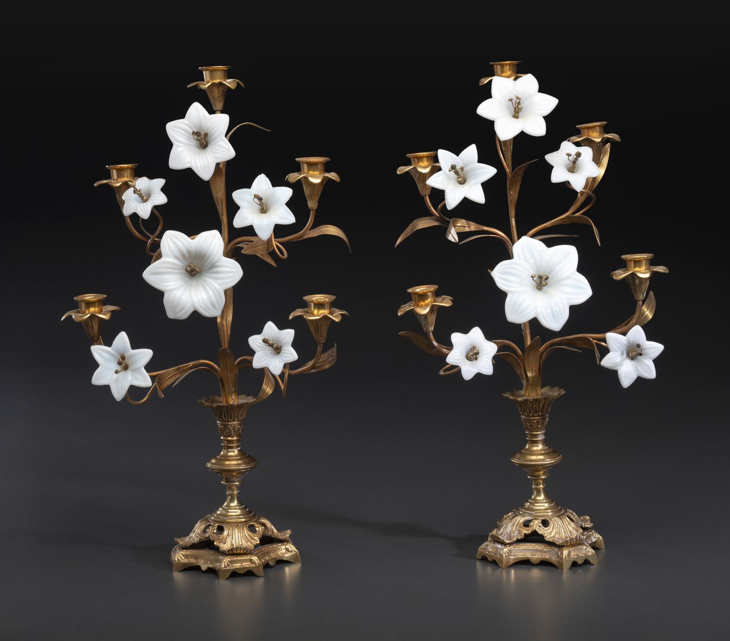 A Pair of French Gilt Metal and Opaline Glass Five-Light Floral Candelabra