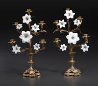 A Pair of French Gilt Metal and Opaline Glass Five-Light Floral Candelabra