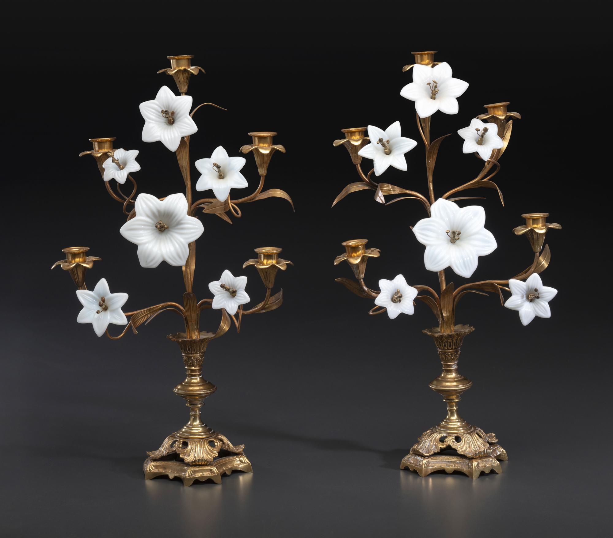 A Pair of French Gilt Metal and Opaline Glass Five-Light Floral Candelabra