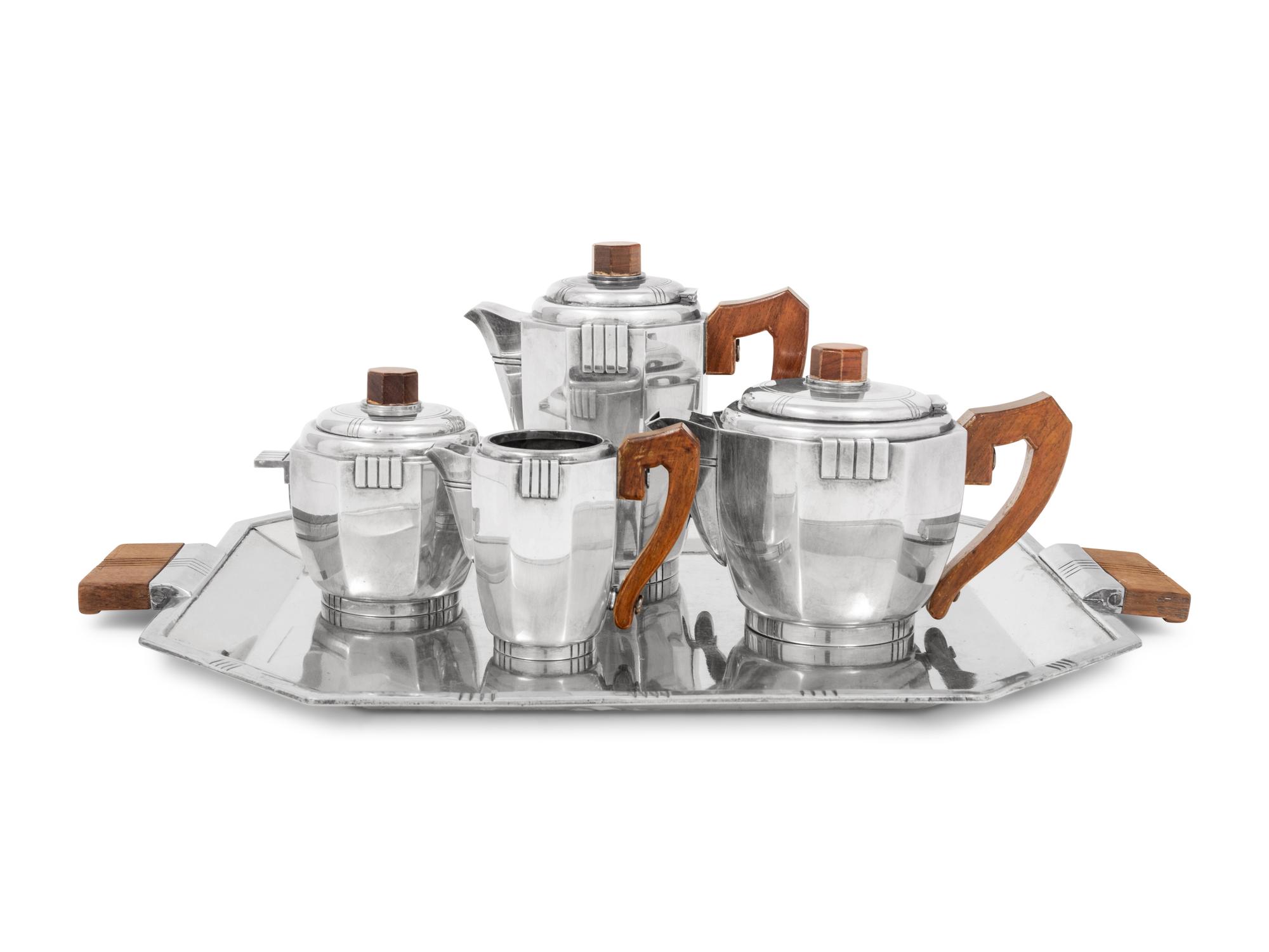 A French Art Deco Silver-Plate Five-Piece Tea and Coffee Service