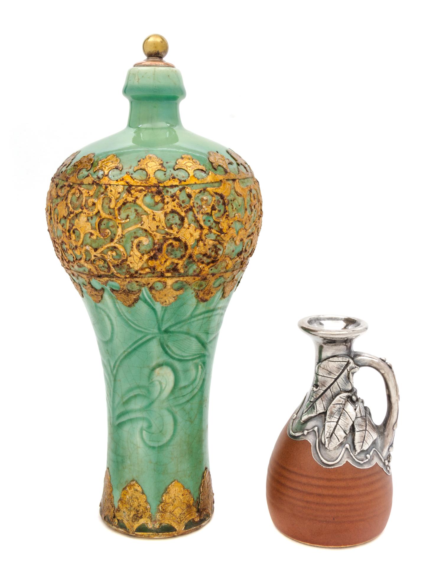 A Ceramic Silver Overlay Bottle Height of first 4 7/8 inches.