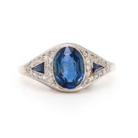 SYNTHETIC SAPPHIRE, DIAMOND, AND BICOLOR GOLD RING
