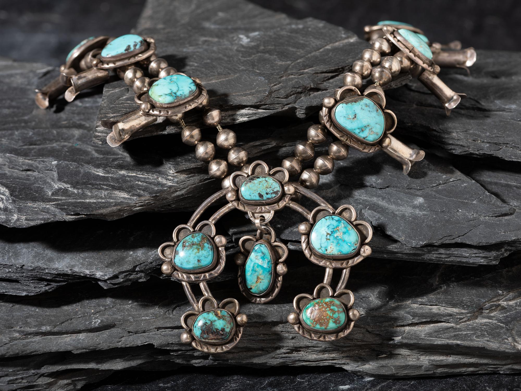 Navajo Silver and Turquoise Squash Blossom Necklace