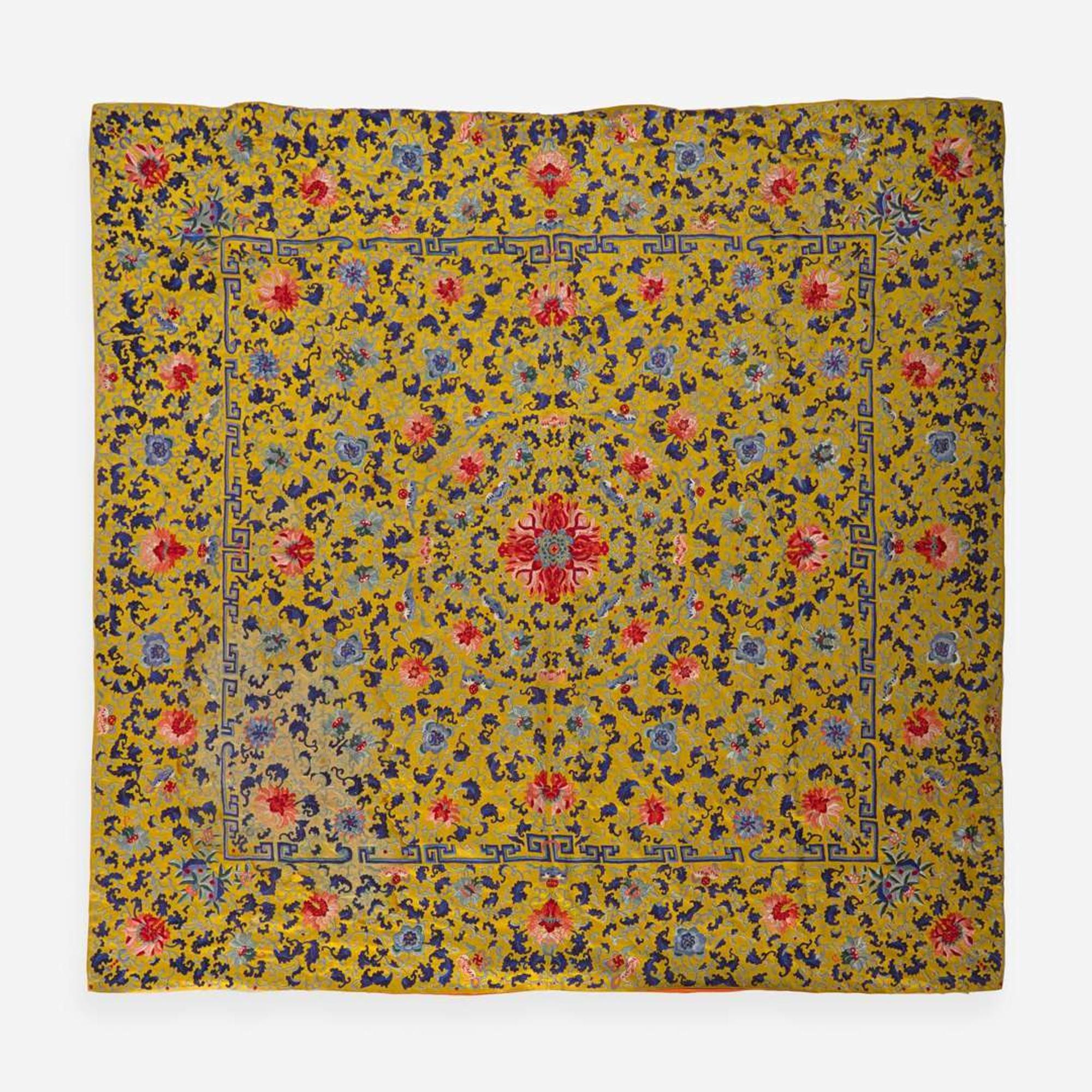 A Chinese silk-embroidered yellow satin cover 丝绸刺绣 Qing dynasty ?