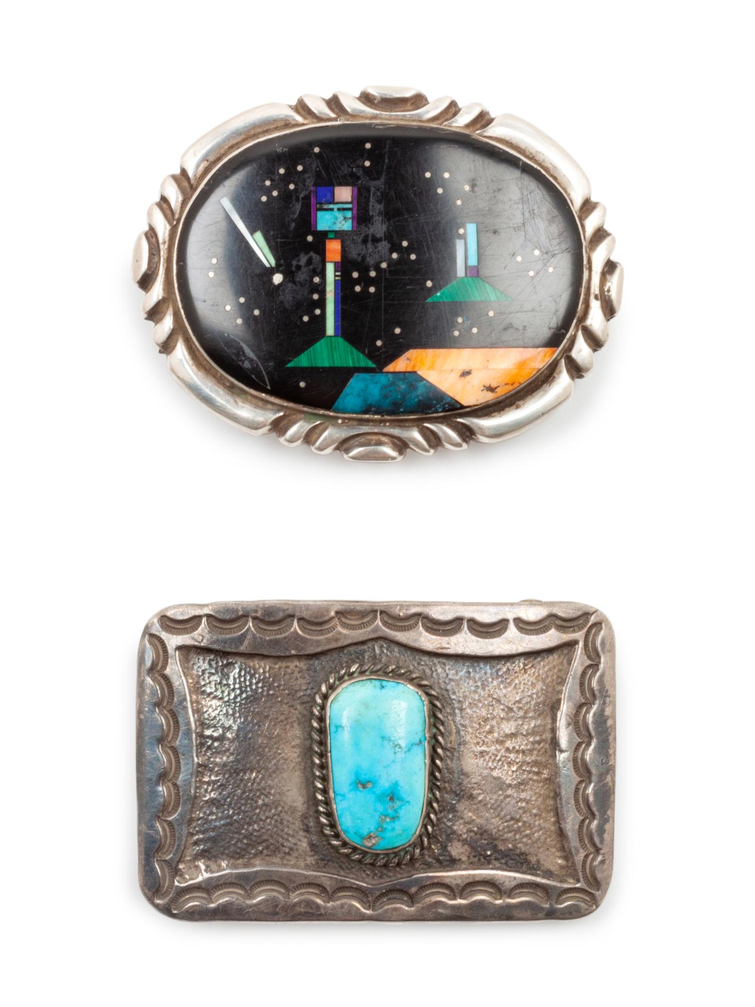 Two Turquoise and Hardstone Belt Buckles