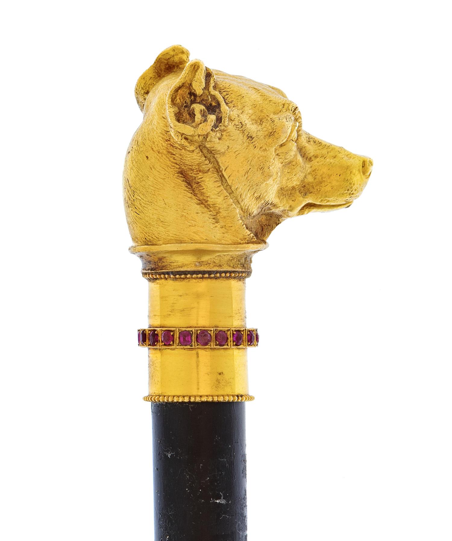 A Continental High-Karat Gold and Ruby-Inset Zoomorphic Walking Stick