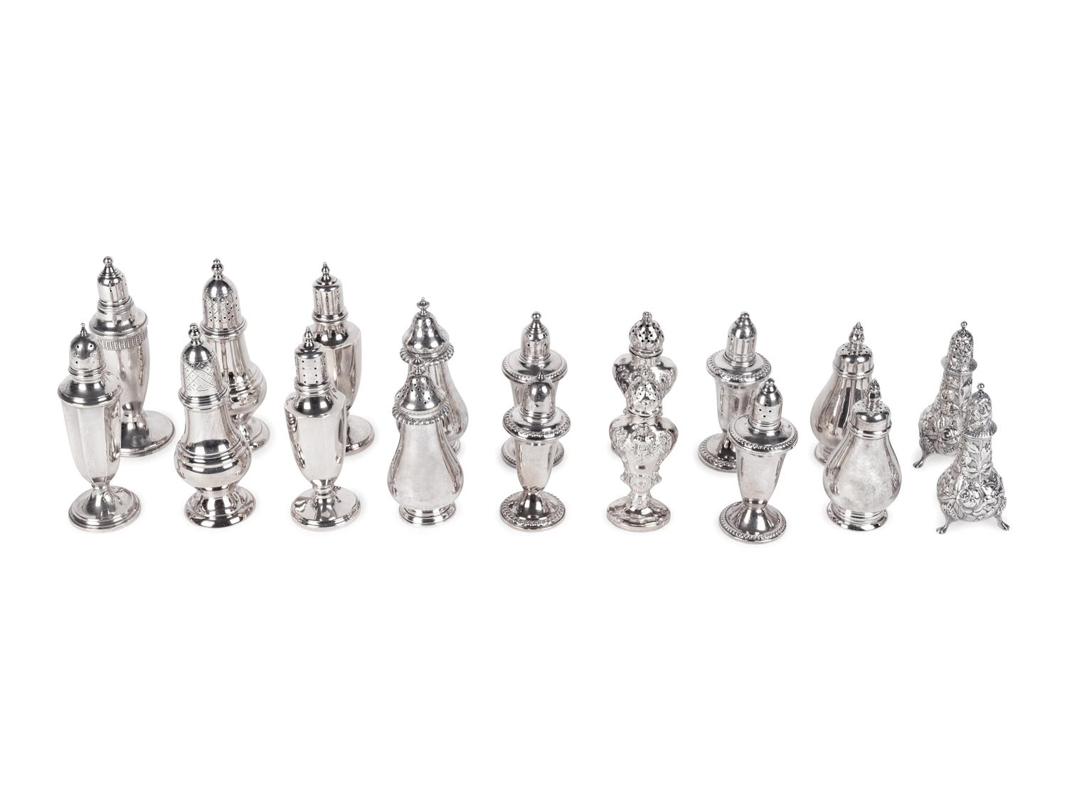 A Collection of Eighteen Silver Salt and Pepper Shakers