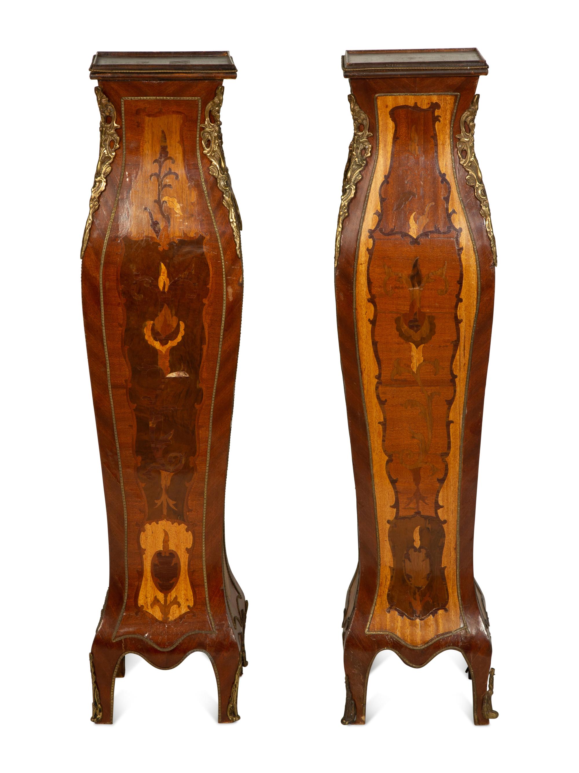 A Pair of Louis XV Style Gilt-Metal Mounted Marquetry Pedestals