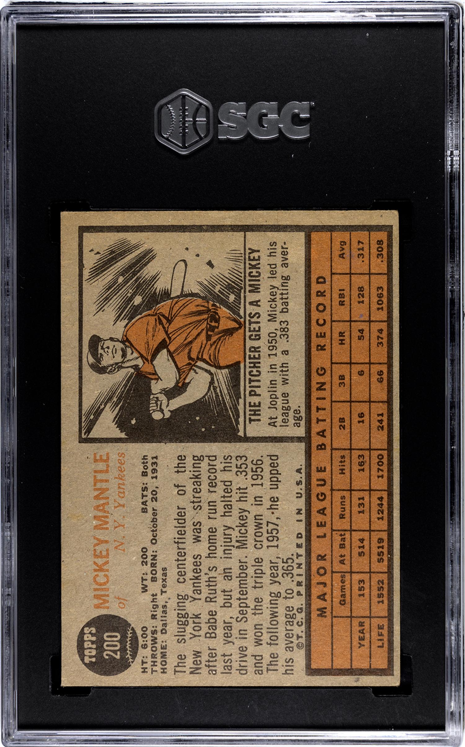 A 1962 Topps Mickey Mantle Baseball Card No. 200 (SGC Authentic)