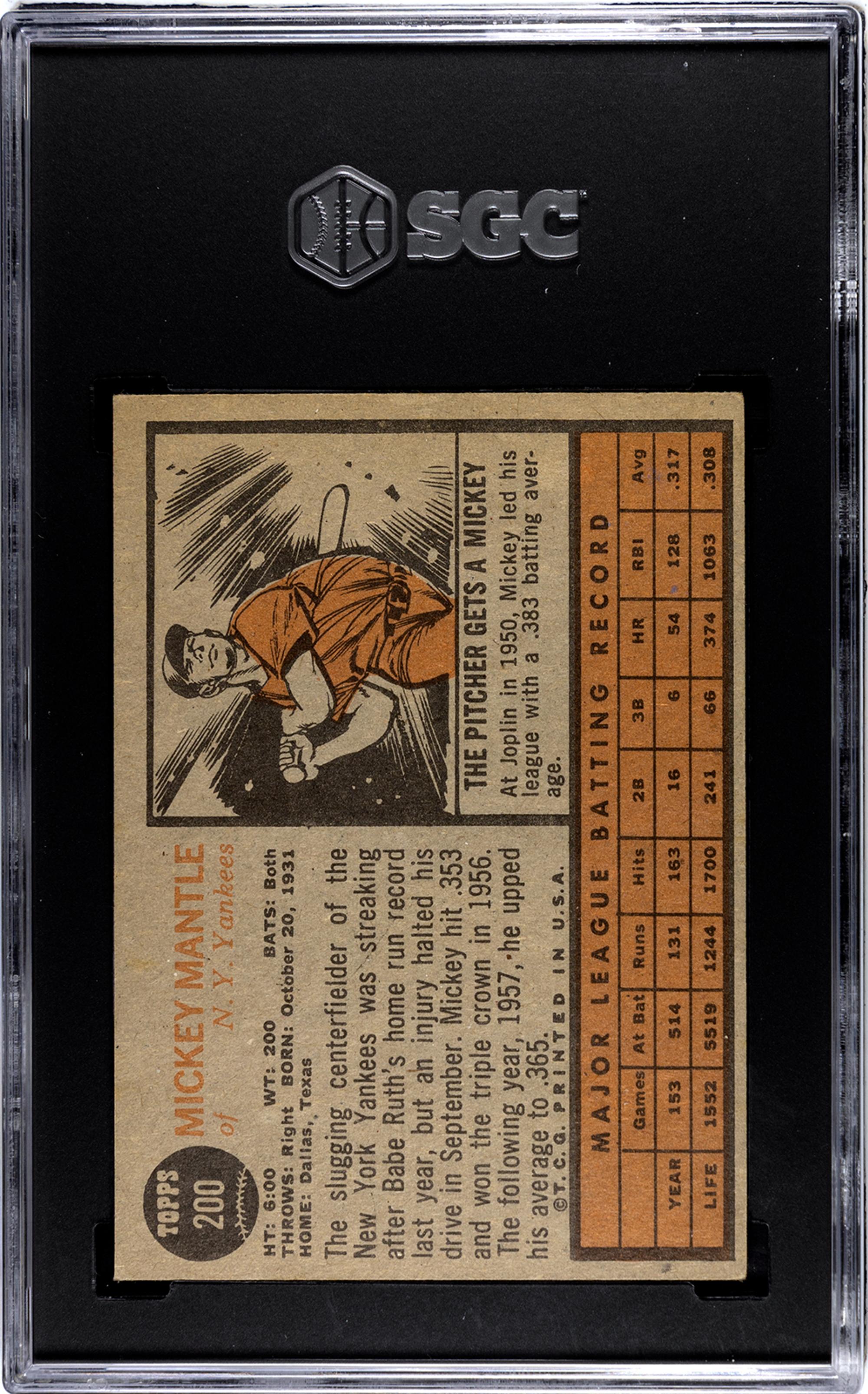 A 1962 Topps Mickey Mantle Baseball Card No. 200 (SGC Authentic)