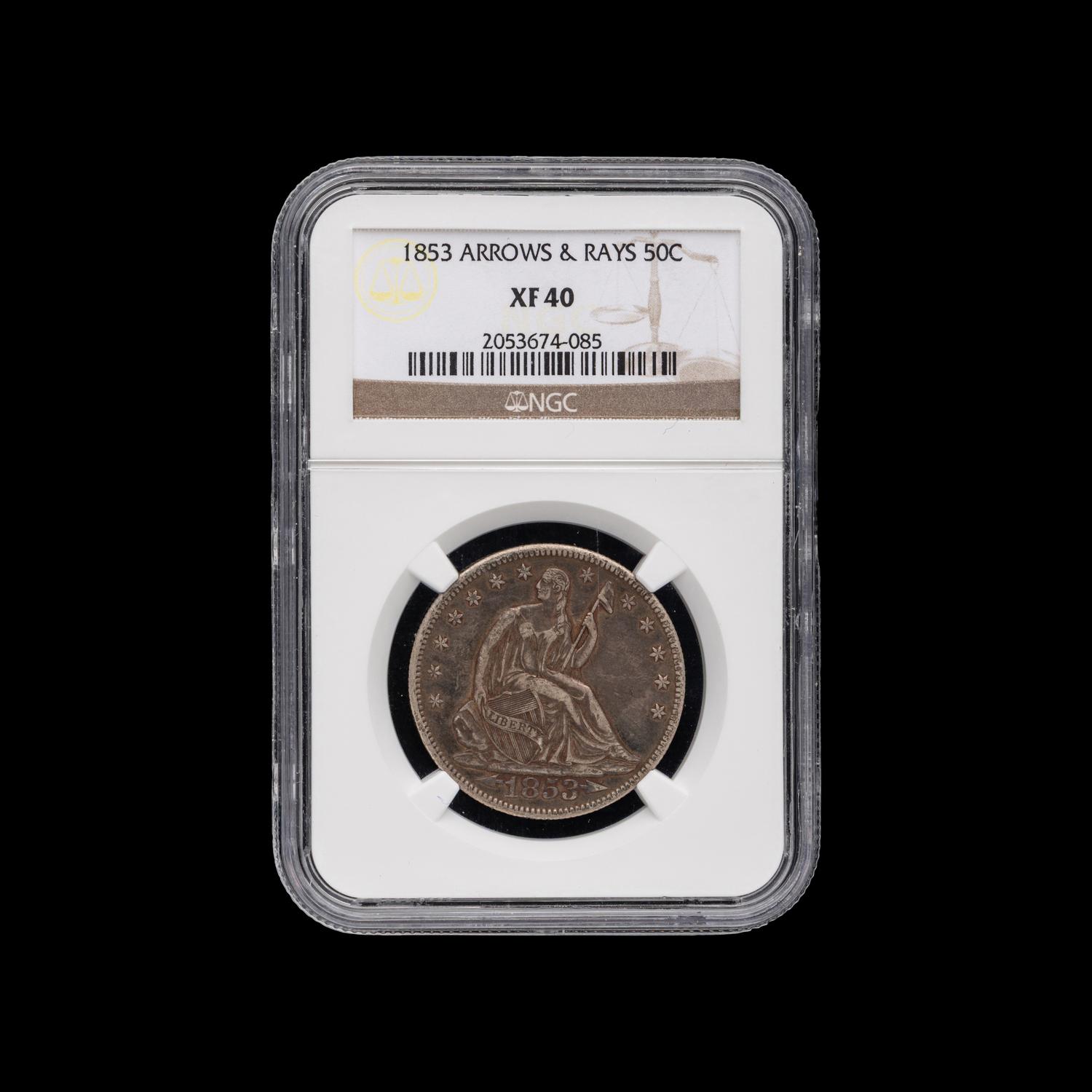 An 1853 Seated Liberty: Arrows and Rays 50c Coin [NGC XF40]