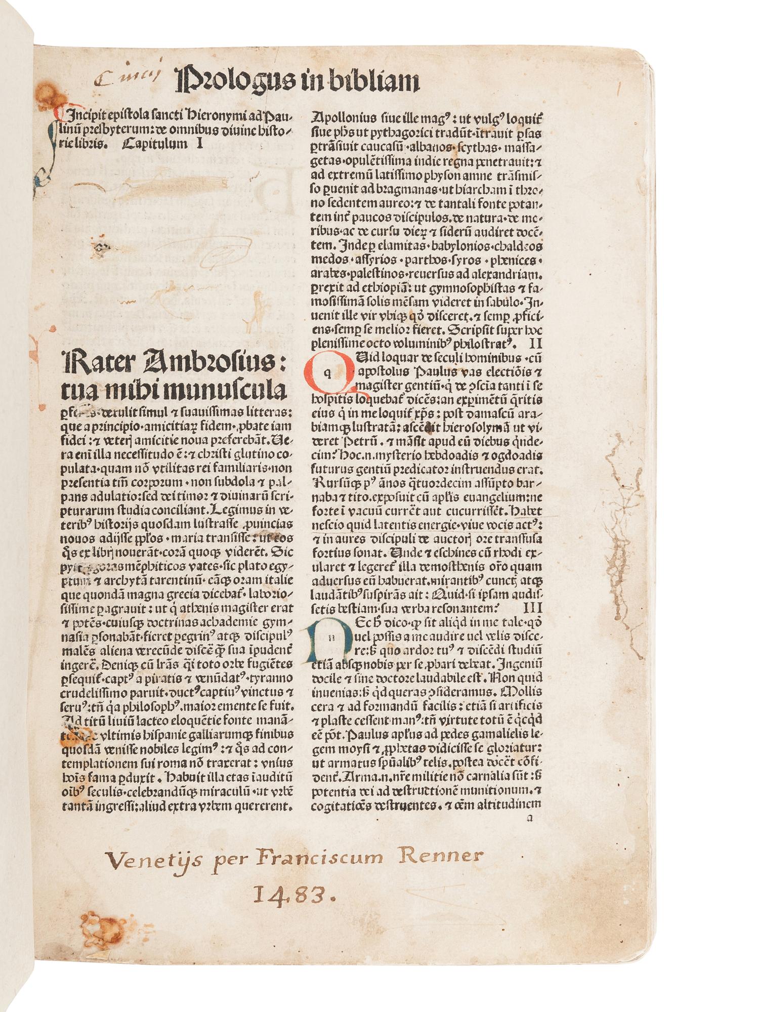 [BIBLE, in Latin]. Biblia latina . Venice: Franz Renner of Hailbrun [Heilbrunn], 1483.