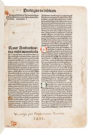 [BIBLE, in Latin]. Biblia latina . Venice: Franz Renner of Hailbrun [Heilbrunn], 1483.