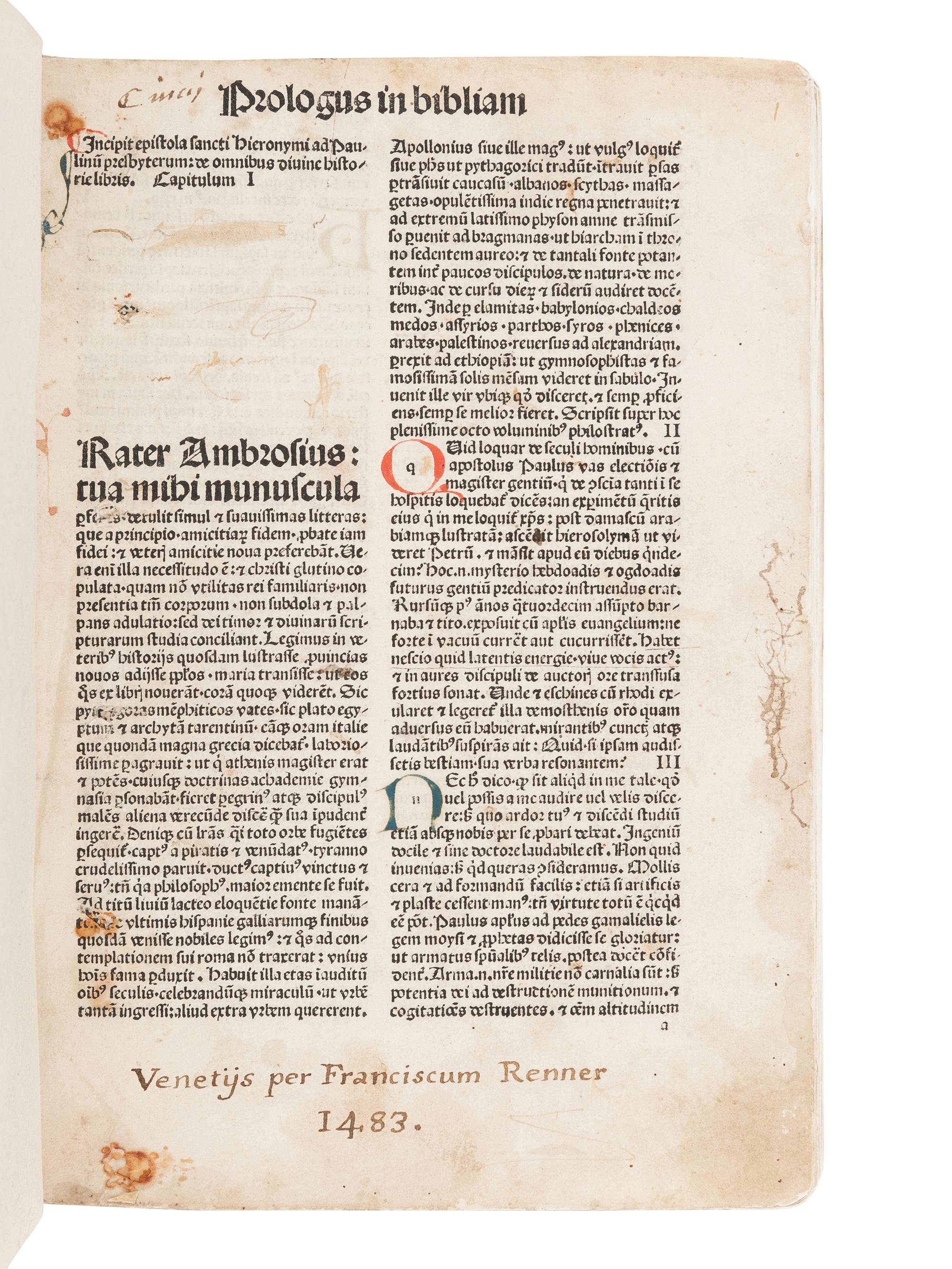 [BIBLE, in Latin]. Biblia latina . Venice: Franz Renner of Hailbrun [Heilbrunn], 1483.