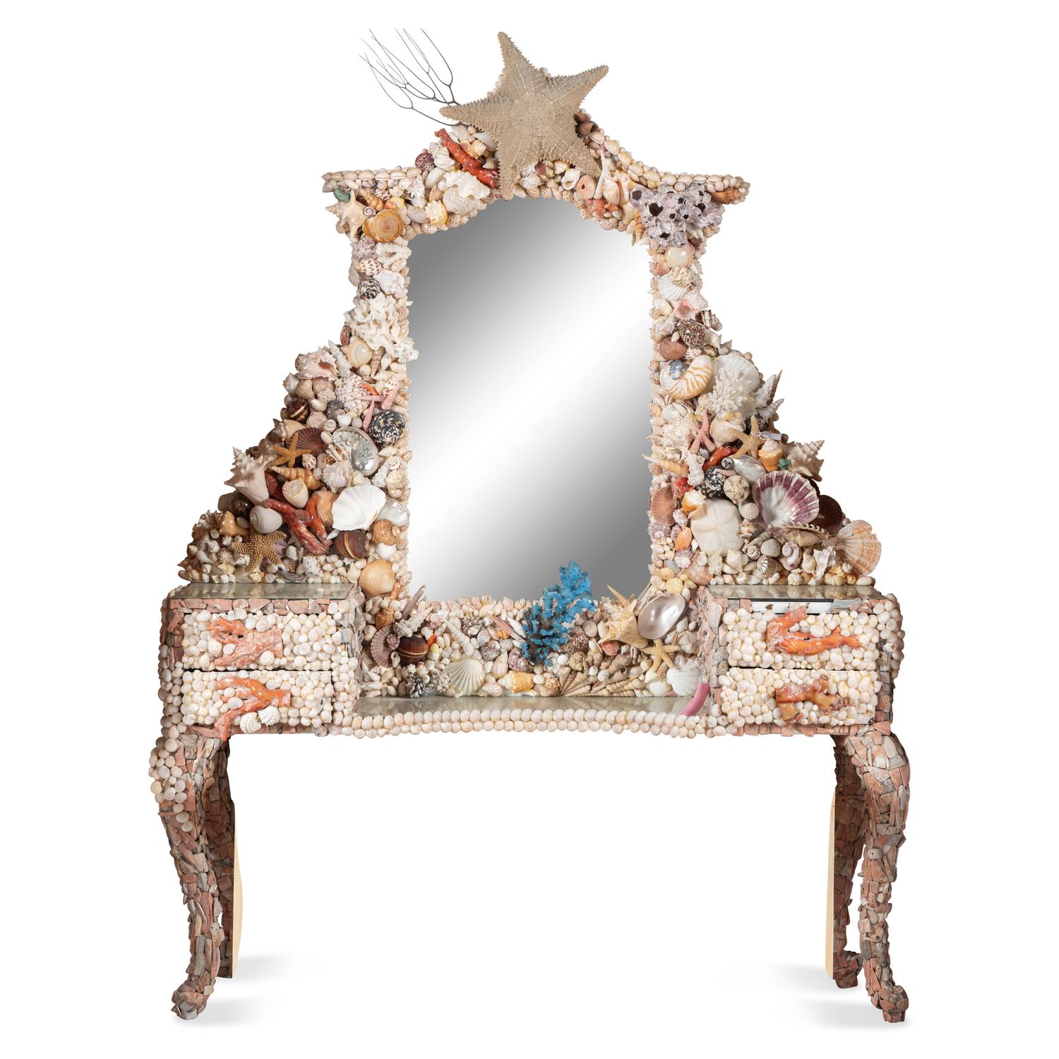 A Grotto Style Shell-Encrusted Dressing Table and Mirror