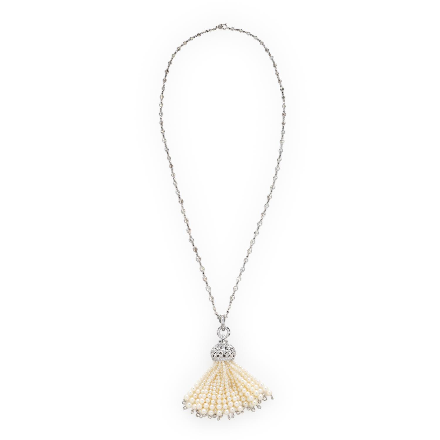 Diamond and Seed Pearl Tassel Necklace