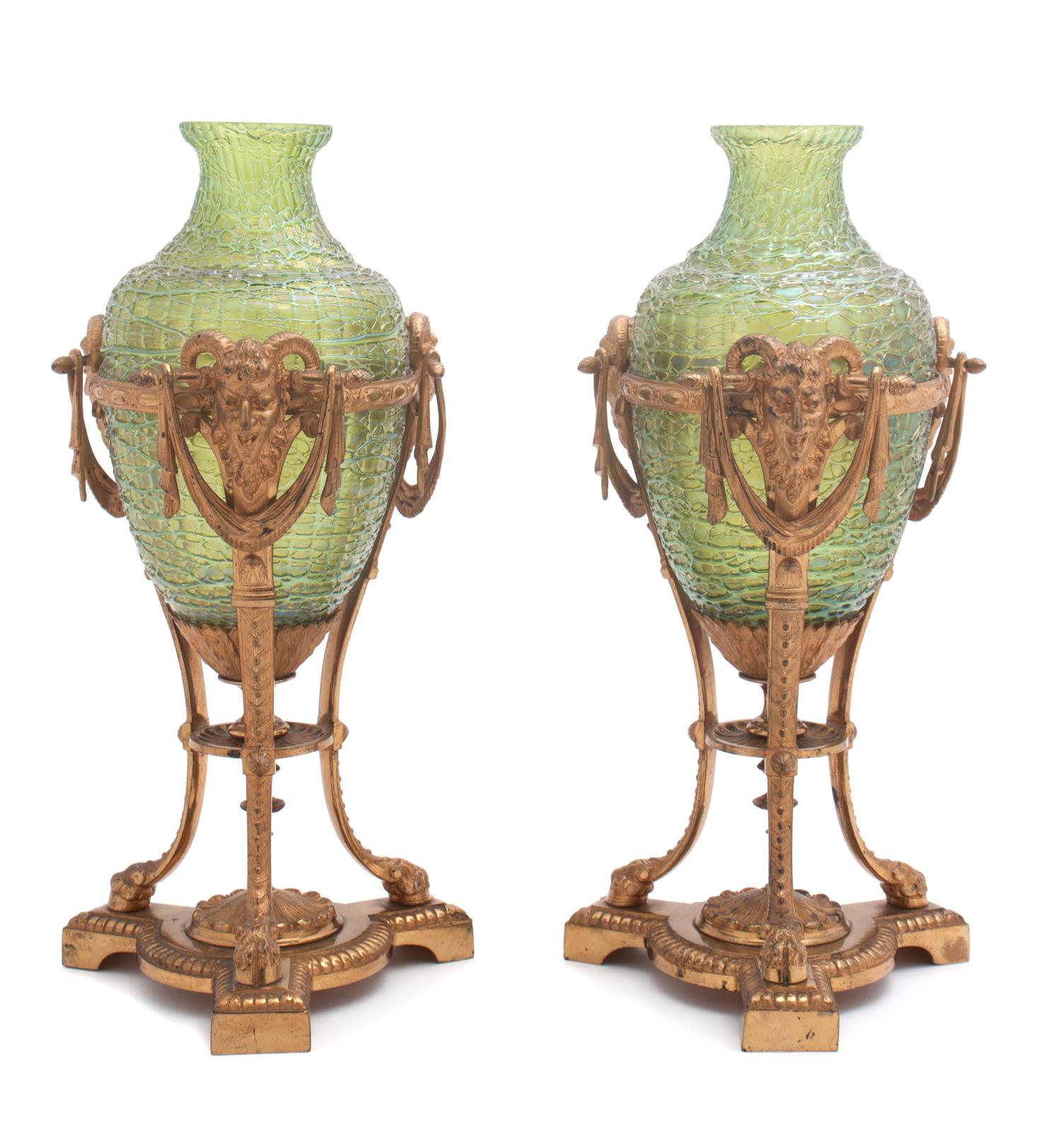 A Pair of Austrian Gilt Bronze Mounted Glass Vases Height overall 13 inches. — CIRCA 1900