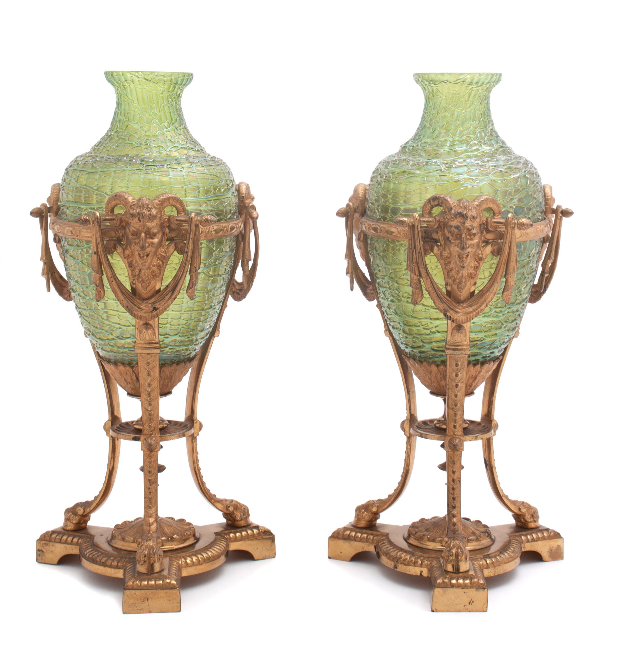A Pair of Austrian Gilt Bronze Mounted Glass Vases Height overall 13 inches. — CIRCA 1900