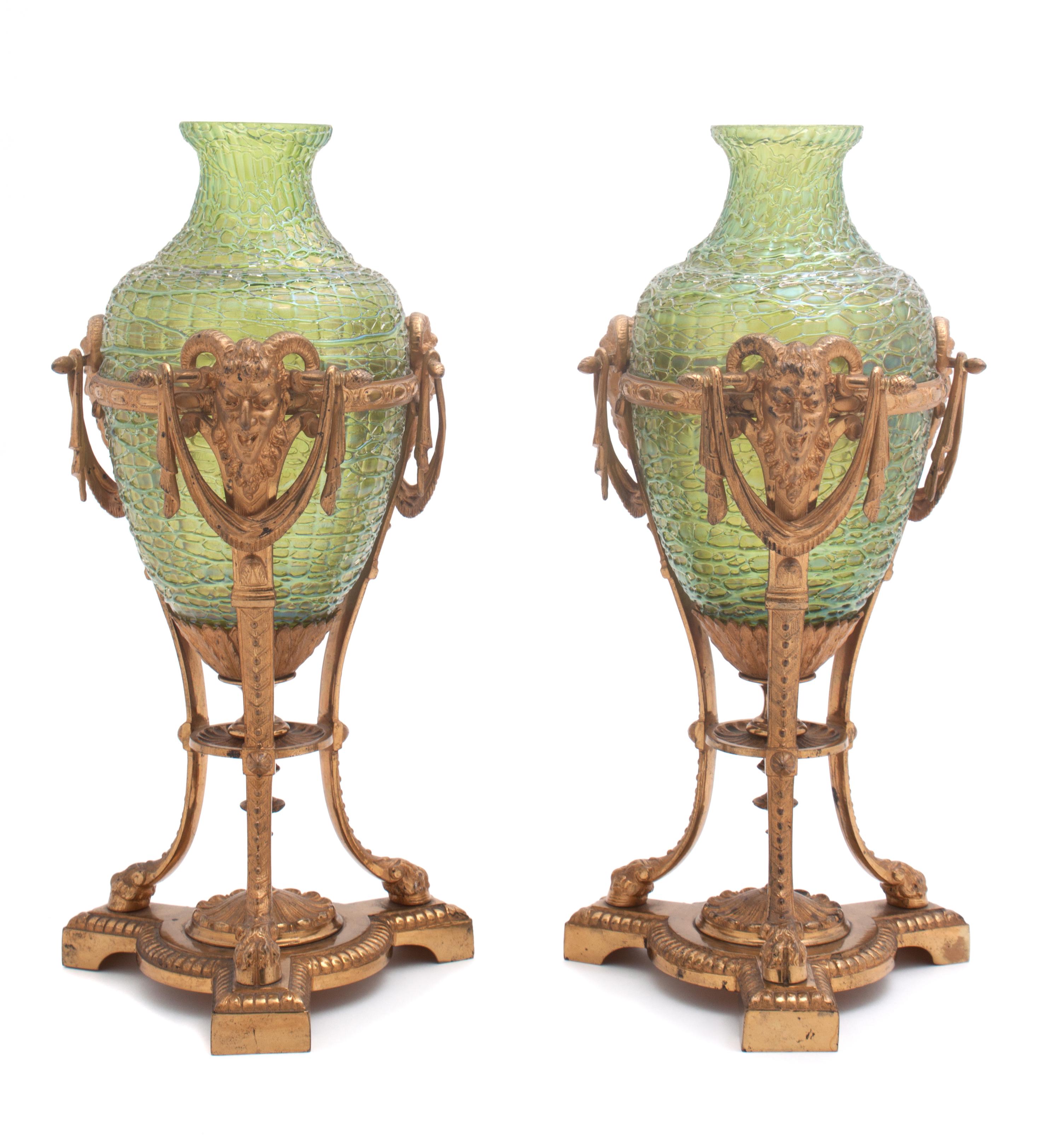 A Pair of Austrian Gilt Bronze Mounted Glass Vases Height overall 13 inches. — CIRCA 1900