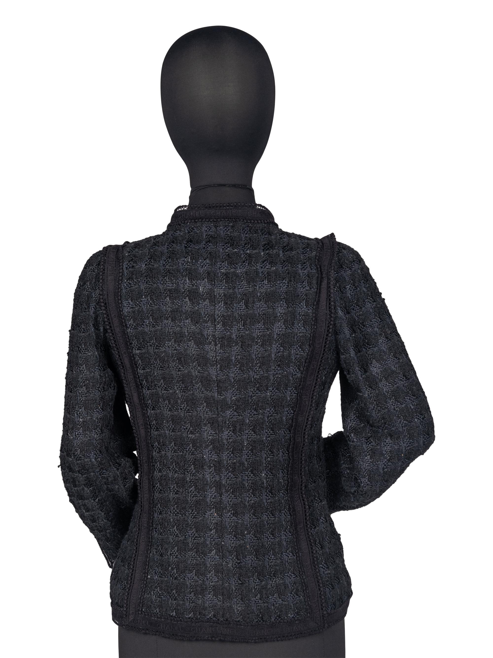 Chanel Black Tweed Jacket Trimmed in Logo Lace