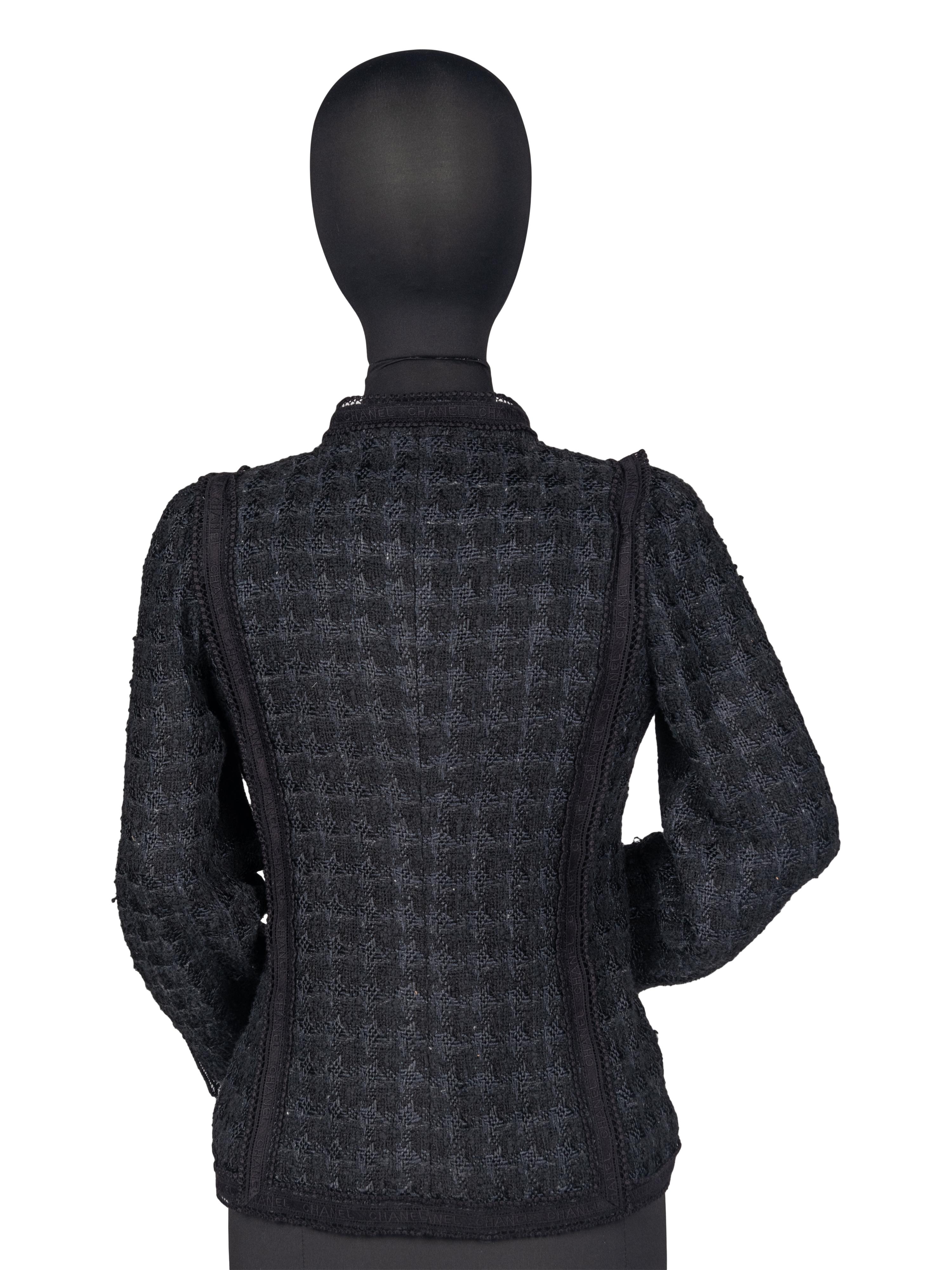Chanel Black Tweed Jacket Trimmed in Logo Lace