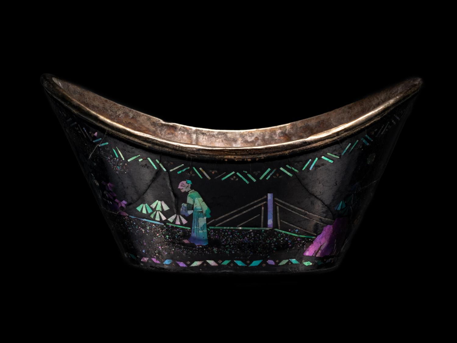 A Set of Six Mother-of-Pearl Inlaid Black Lacquer Ingot-Form Cups
