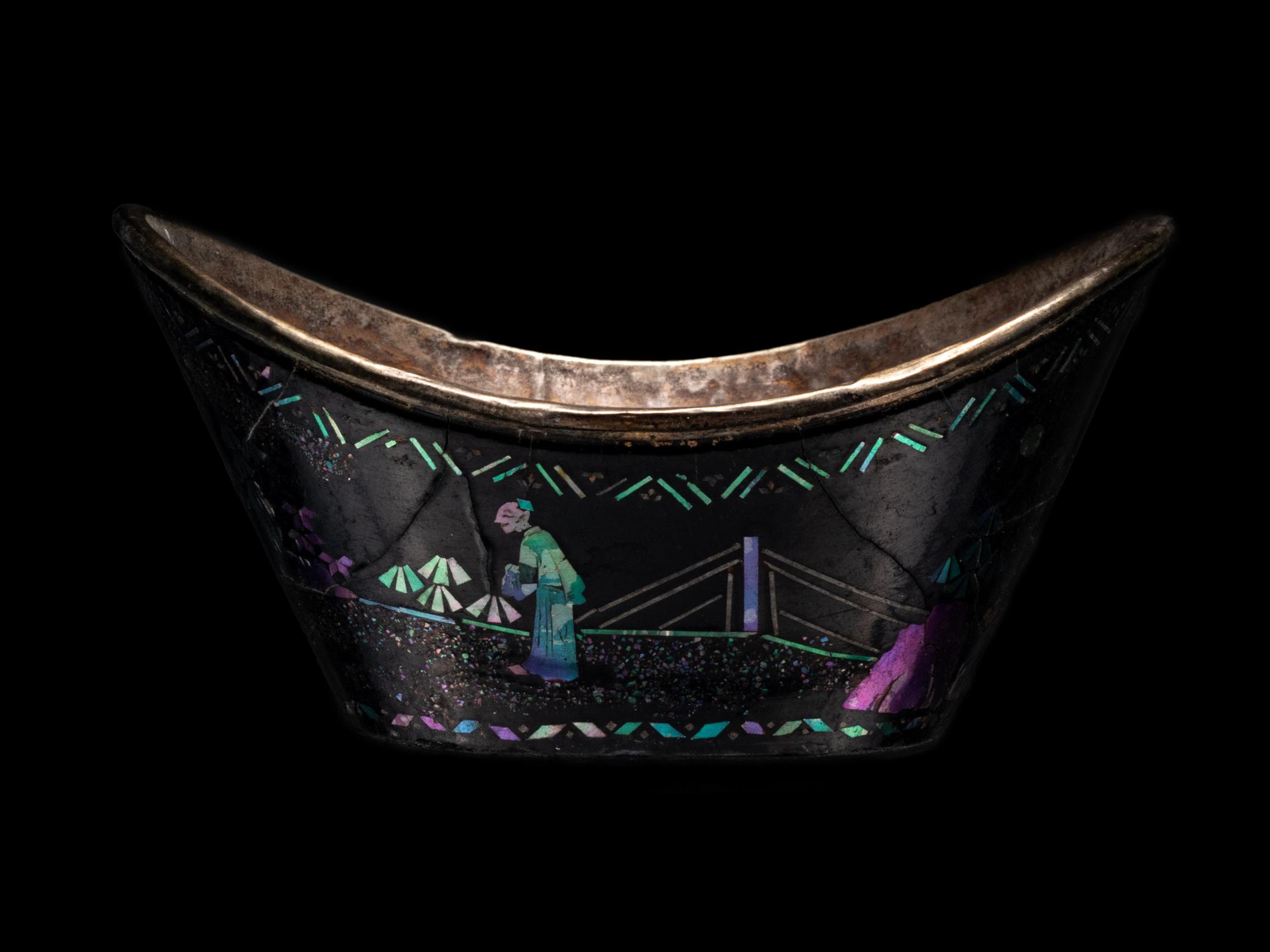 A Set of Six Mother-of-Pearl Inlaid Black Lacquer Ingot-Form Cups