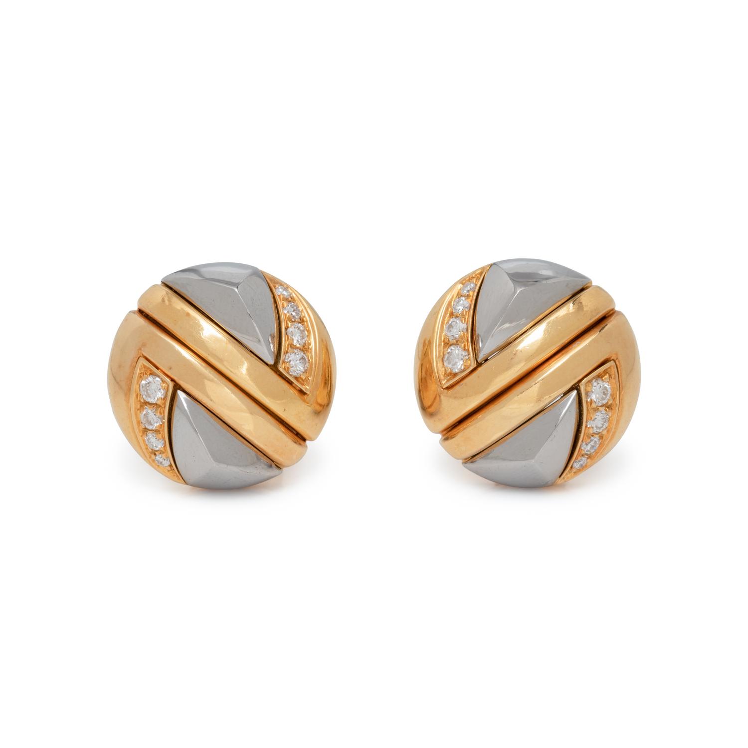 BVLGARI, YELLOW GOLD, STEEL AND DIAMOND EARCLIPS