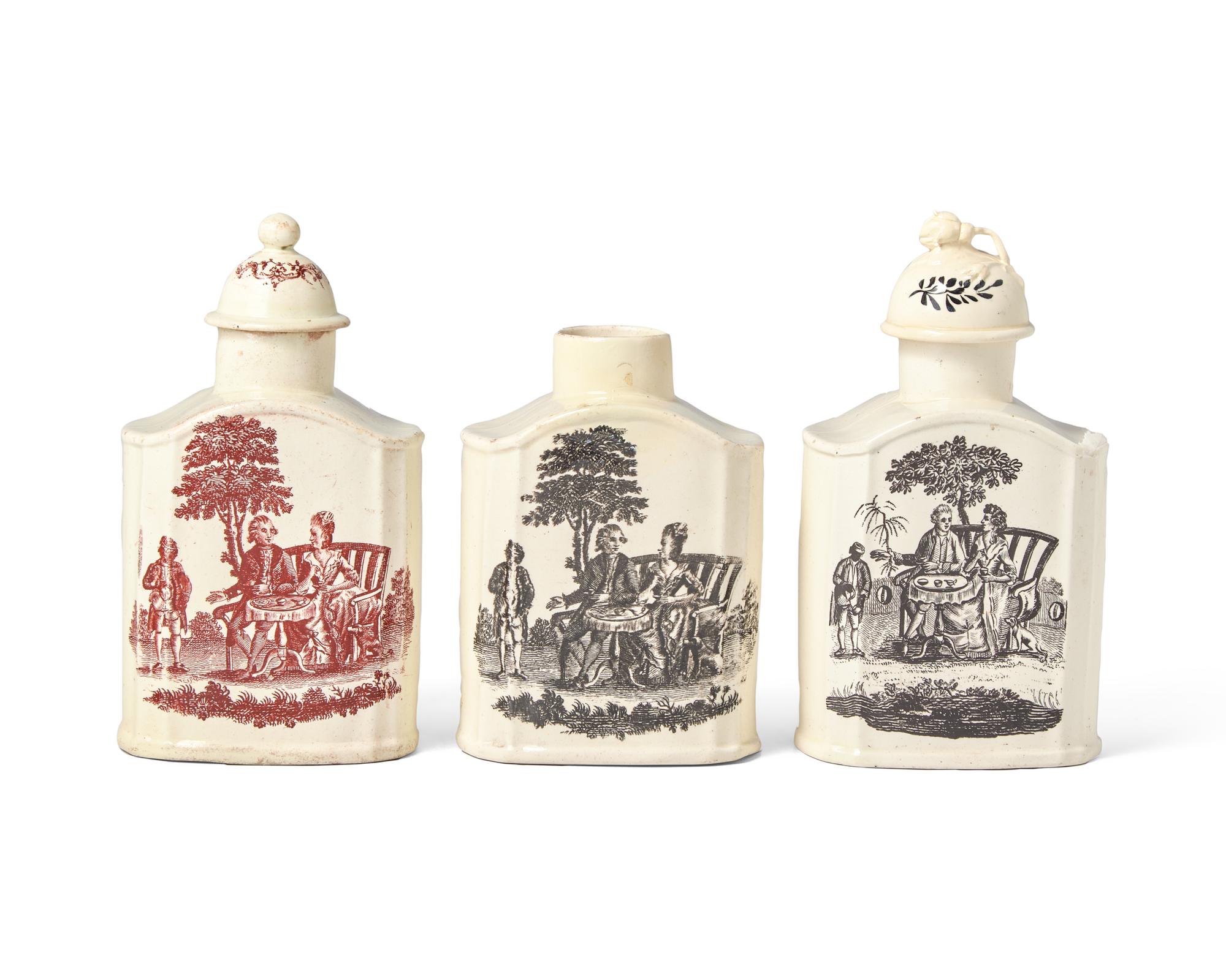 A Group of Three Wedgwood Transfer-Decorated Teacaddies