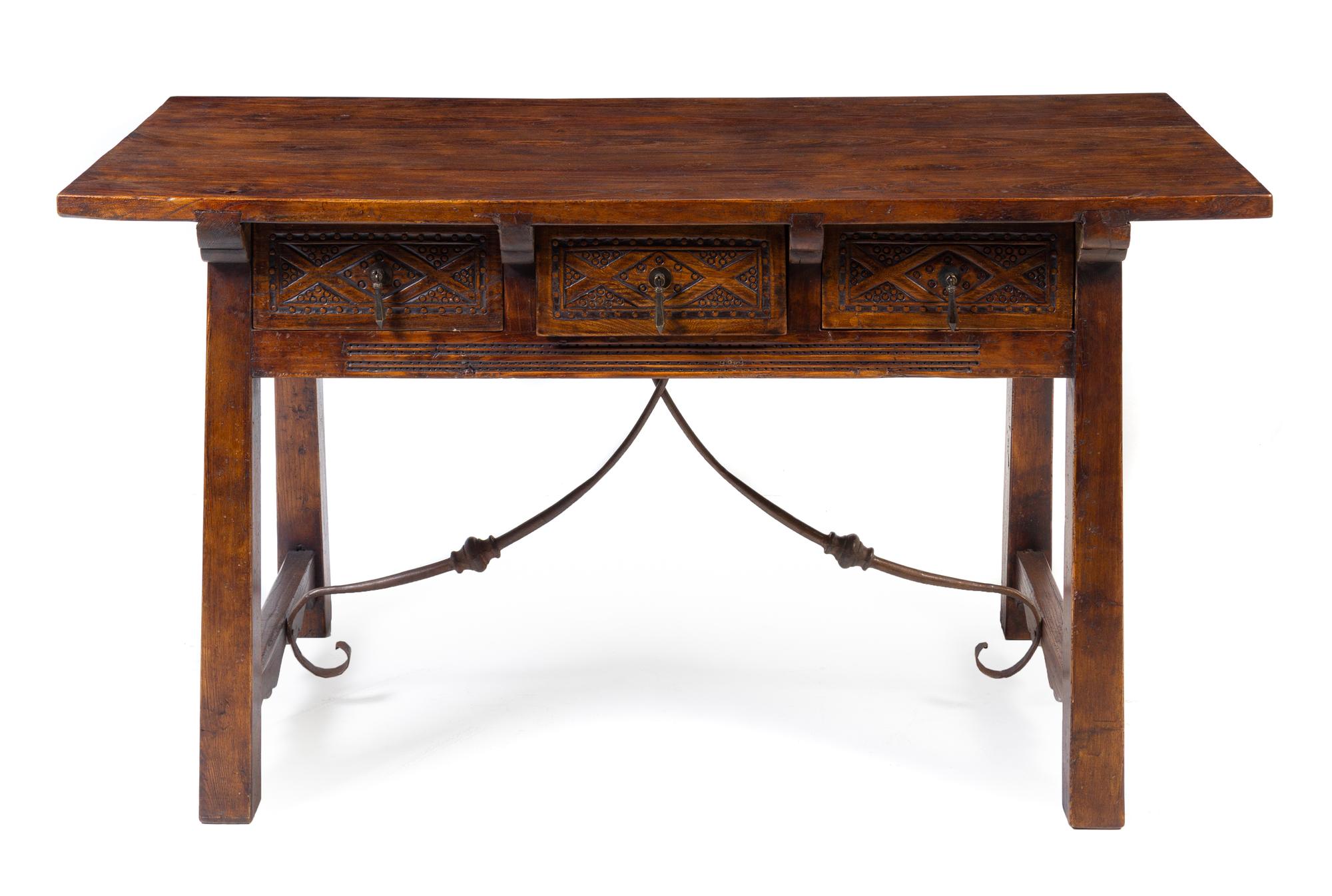 A Renaissance Style Iron Mounted Trestle Table Height 31 x width 56 5/8 x depth 27 inches. — 20TH CENTURY