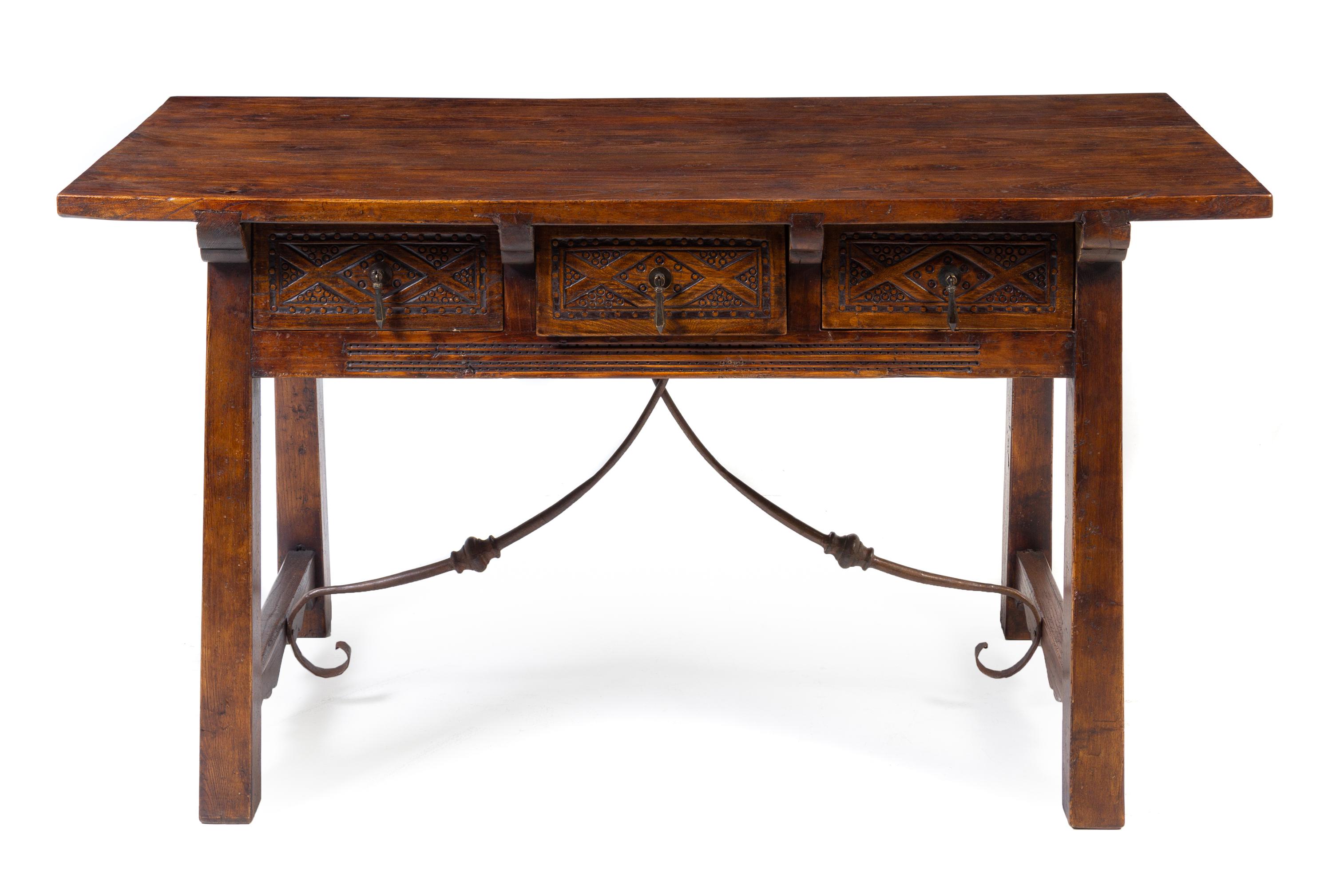 A Renaissance Style Iron Mounted Trestle Table Height 31 x width 56 5/8 x depth 27 inches. — 20TH CENTURY