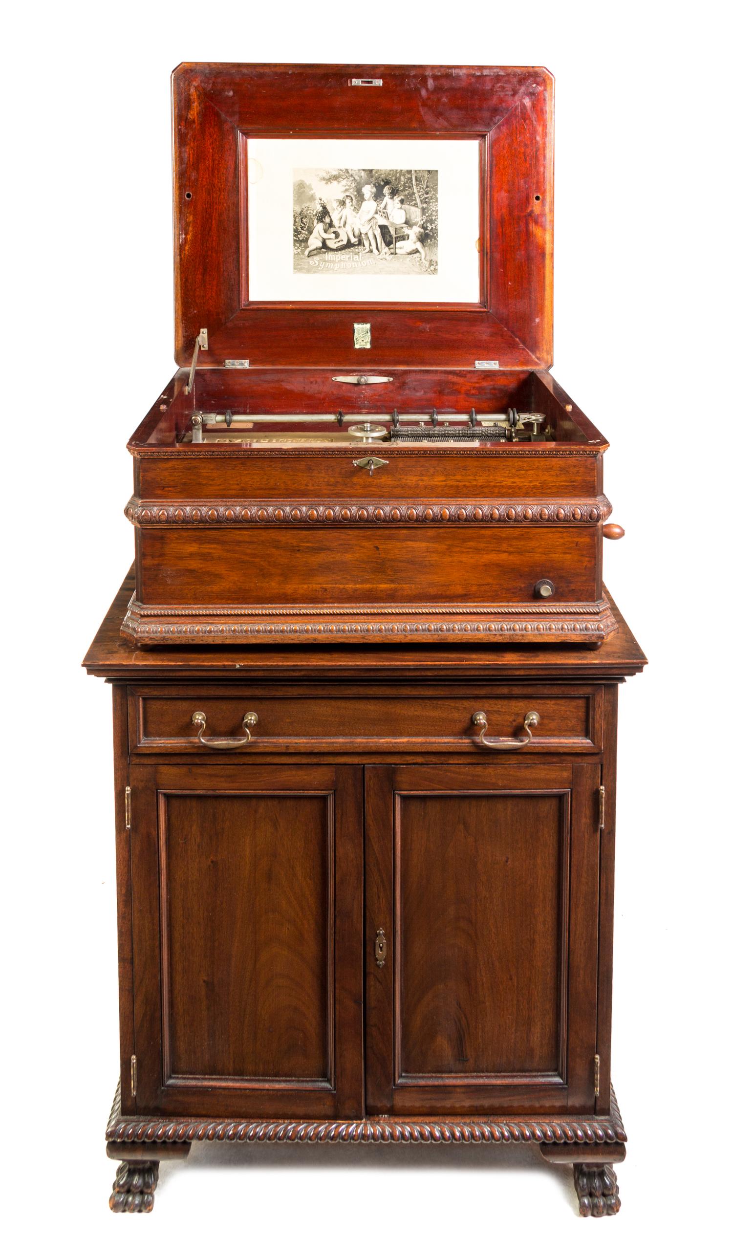 A Symphonion Mahogany Cased Disk Music Box Height 47 1/2 inches. — MID-19TH CENTURY