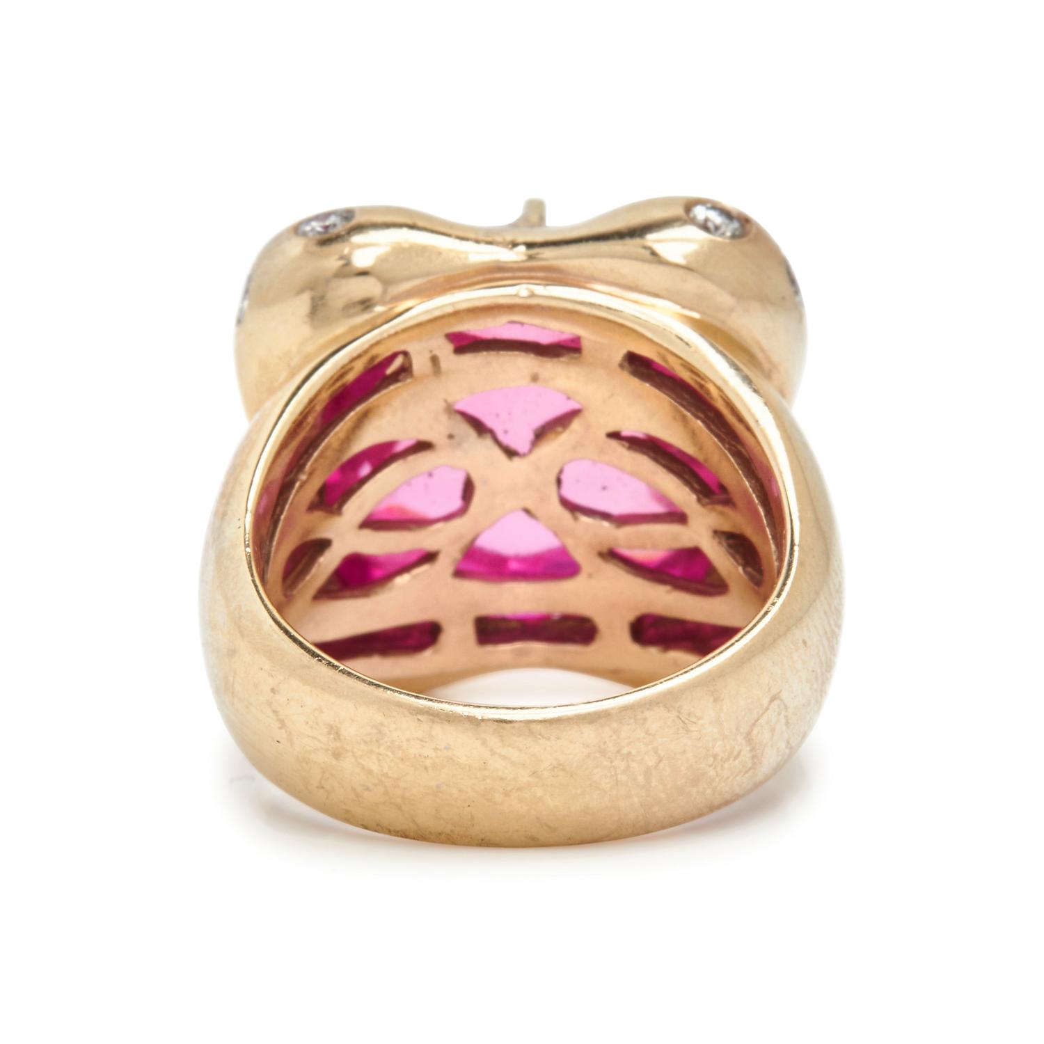 GOLD, DIAMOND, AND SYNTHETIC PINK SAPPHIRE RING