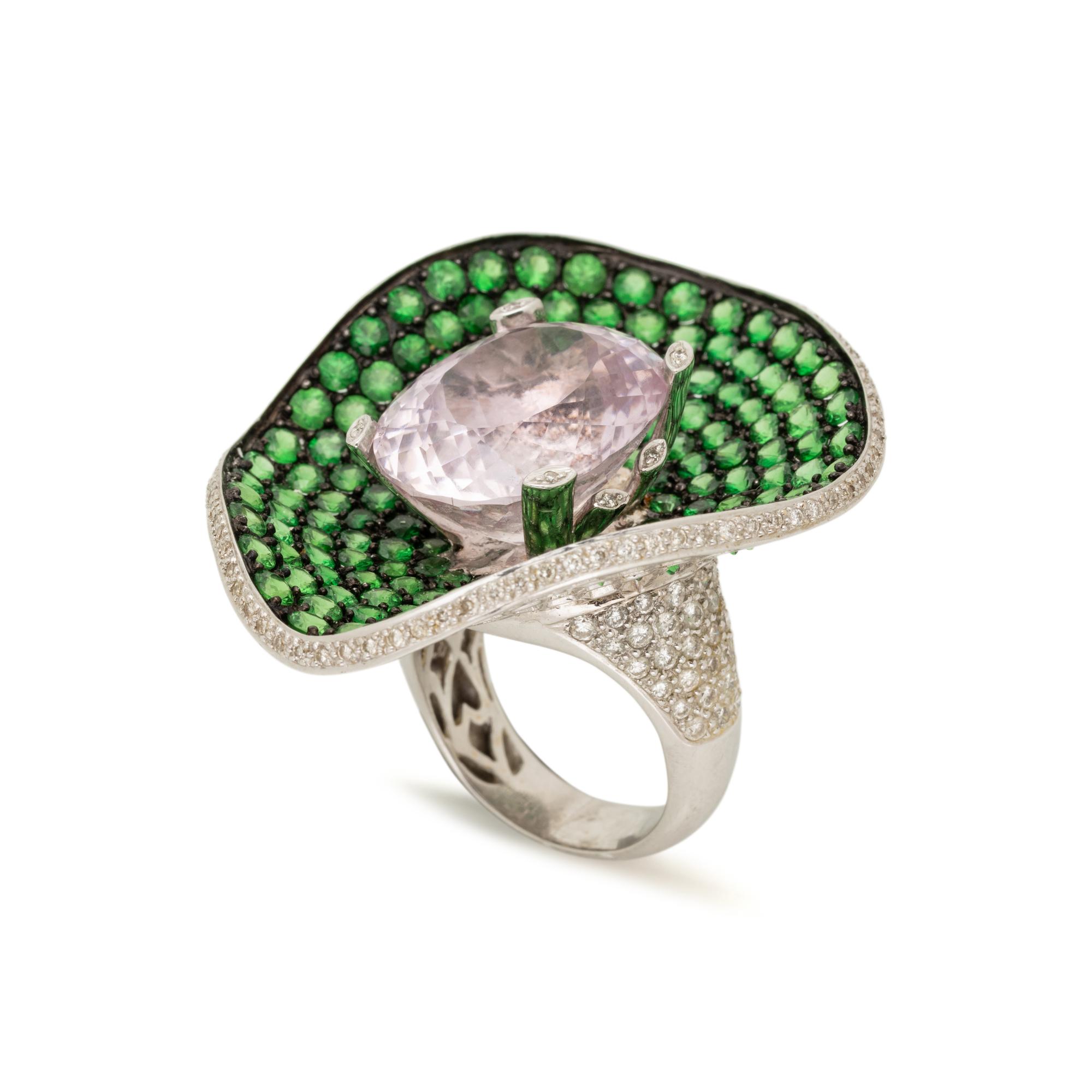 KUNZITE, TSAVORITE GARNET, AND DIAMOND LILY PAD RING