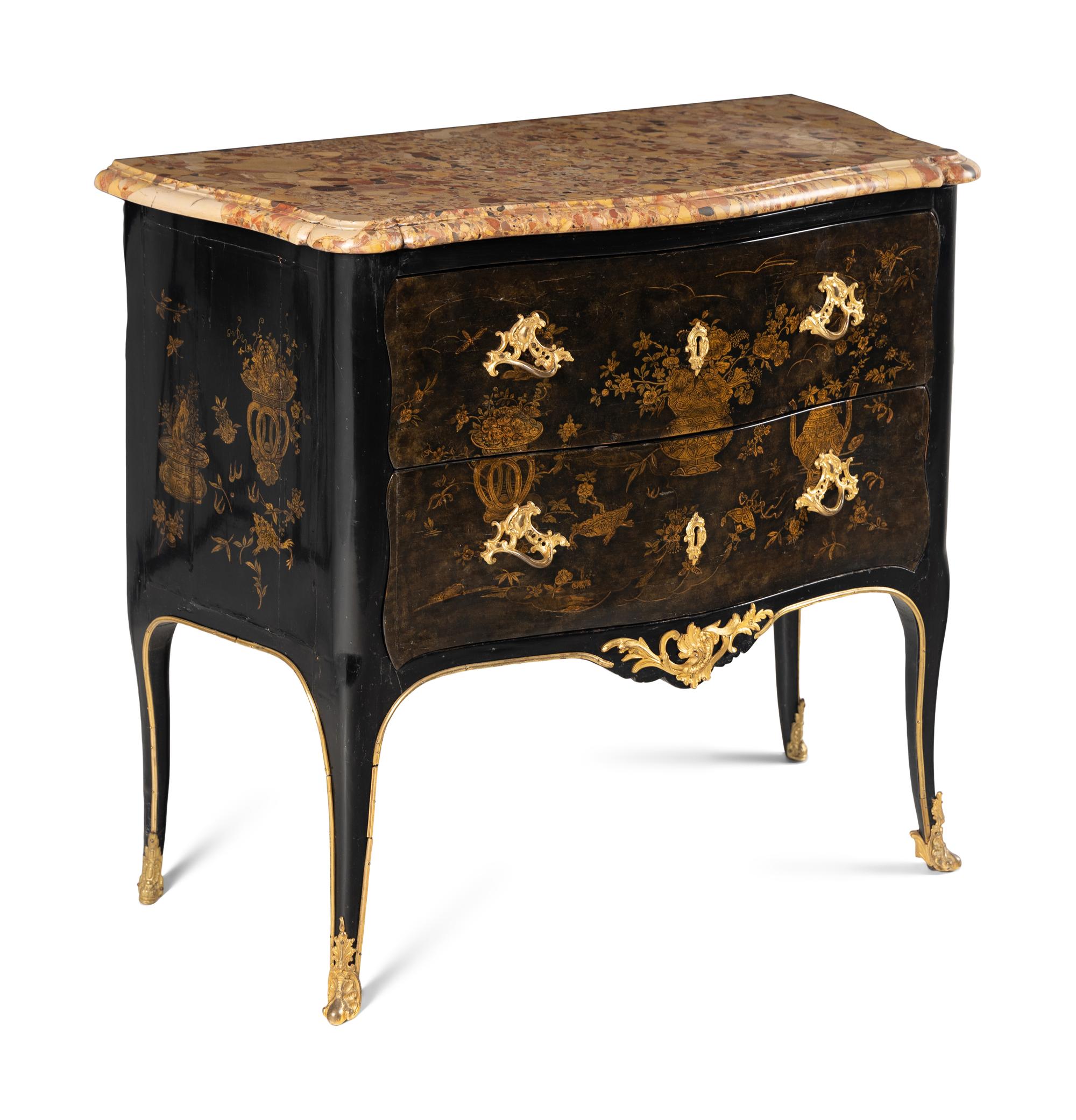 A Louis XV Gilt Bronze Mounted Lacquer Marble-Top Commode