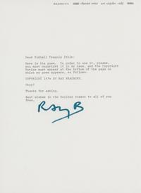 BRADBURY, RAY (1920-2012). Typed manuscript poem ("The Nay-Sayers"). [ With: ] Typed letter signed ("Ray B"), to Mikhail Francis Itkin. Los Angeles, CA, n.d.