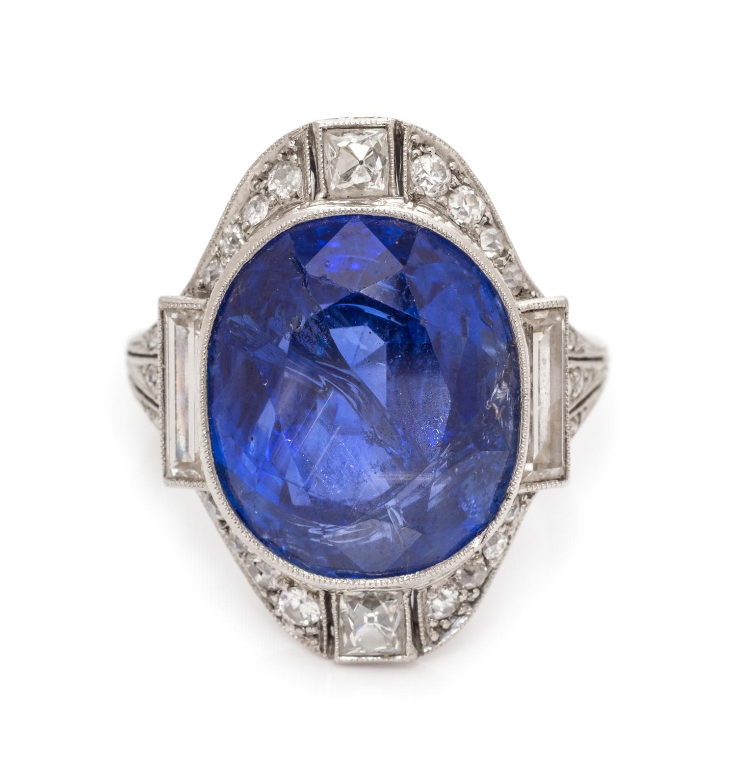 An Art Deco Platinum, Sapphire and Diamond Ring, 5.90 dwts.