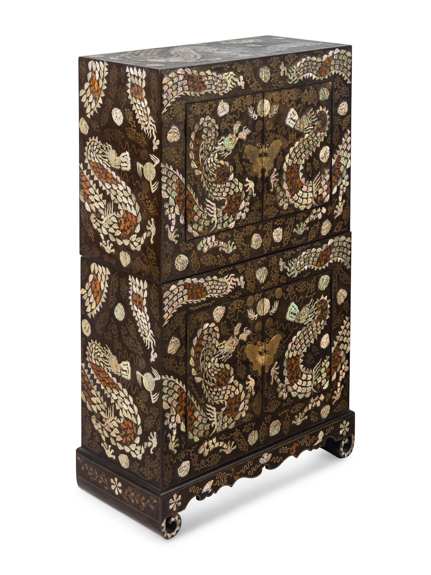 A Fine Pair of Korean Two-Tiered Mother-of-Pearl, Shagreen, and Wire Inlaid Cabinets