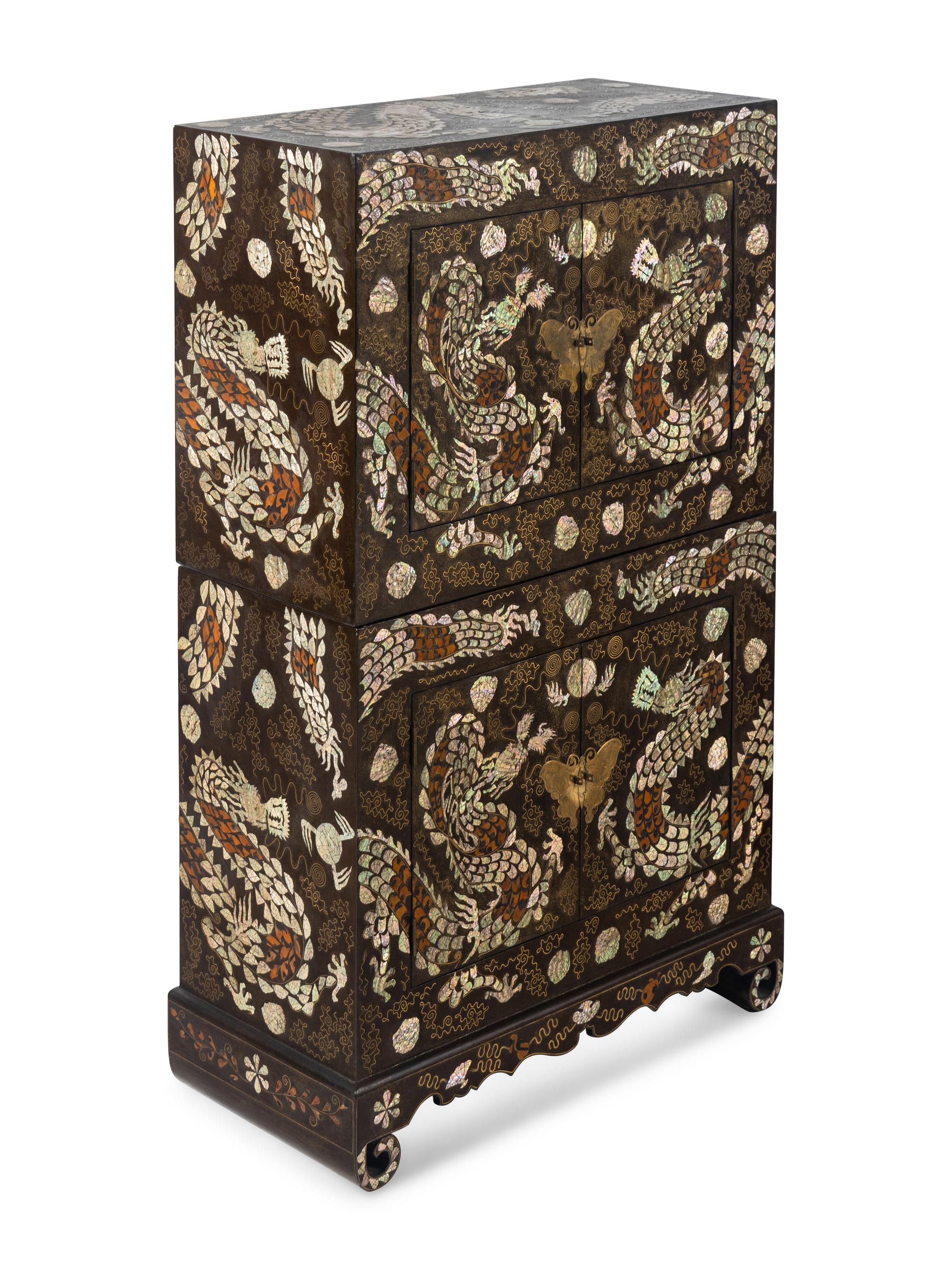 A Fine Pair of Korean Two-Tiered Mother-of-Pearl, Shagreen, and Wire Inlaid Cabinets